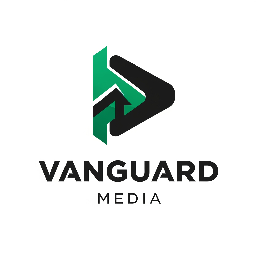 AI Design for a logo for vanguard media with matte black and emerald green