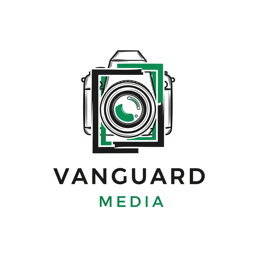 AI Design for a logo for vanguard media with matte black and emerald green a highly professional one with a lens or a camera sketch as a frame with maximum creativeness