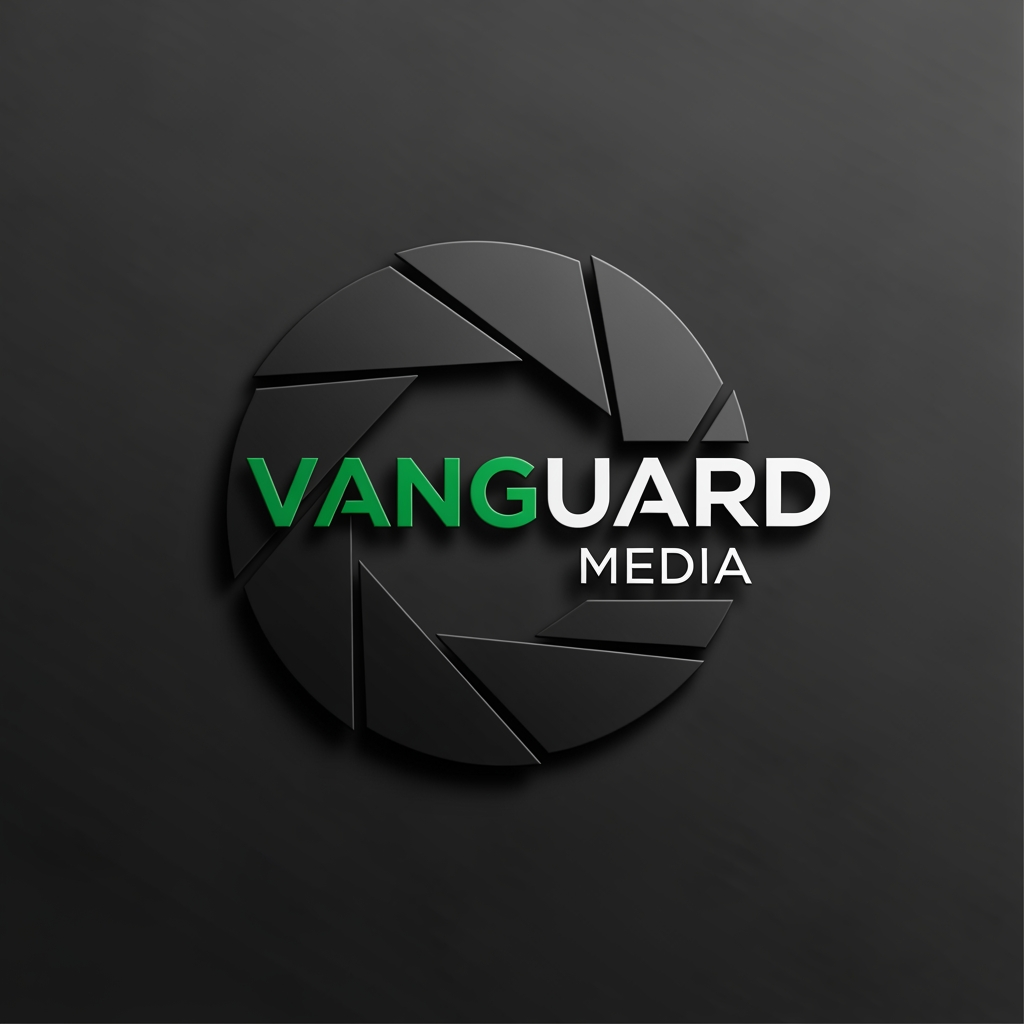 AI Design for simple vanguard media logo with matte black and. emerald green and a shutter blade