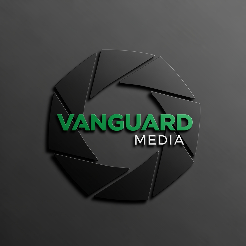 AI Design for simple vanguard media logo with matte black and. emerald green and a shutter blade