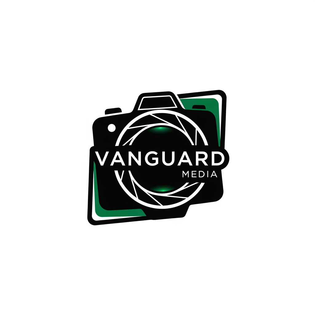 AI Design for a logo for vanguard media with matte black and emerald green a highly professional one with a lens or a camera sketch as a frame with maximum creativeness