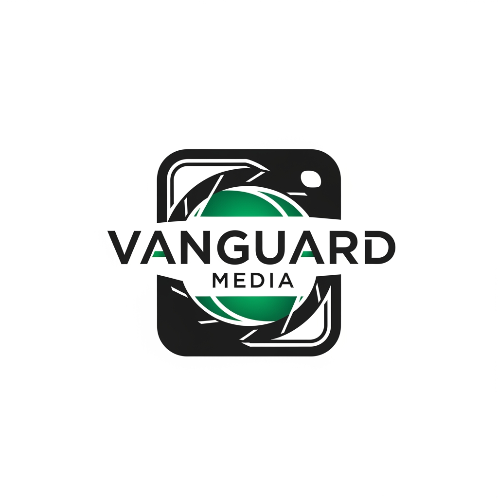 AI Design for a logo for vanguard media with matte black and emerald green a highly professional one with a lens or a camera sketch as a frame with maximum cretiveness