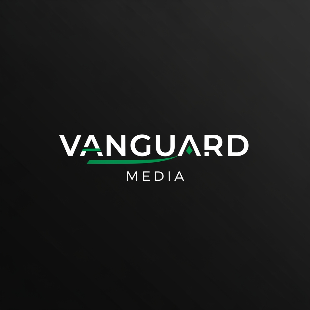 AI Design for a logo for vanguard media with matte black and emerald green