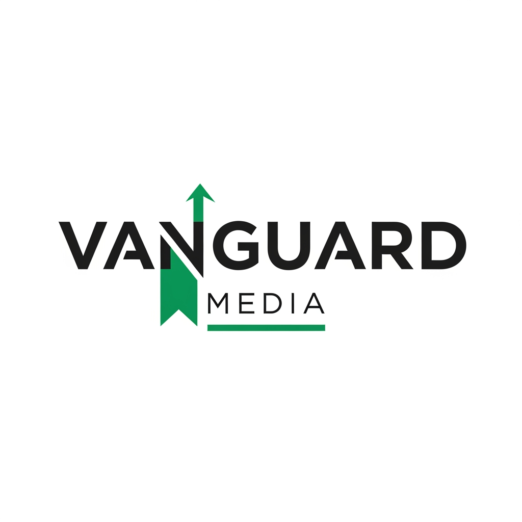 AI Design for a logo for vanguard media with matte black and emerald green