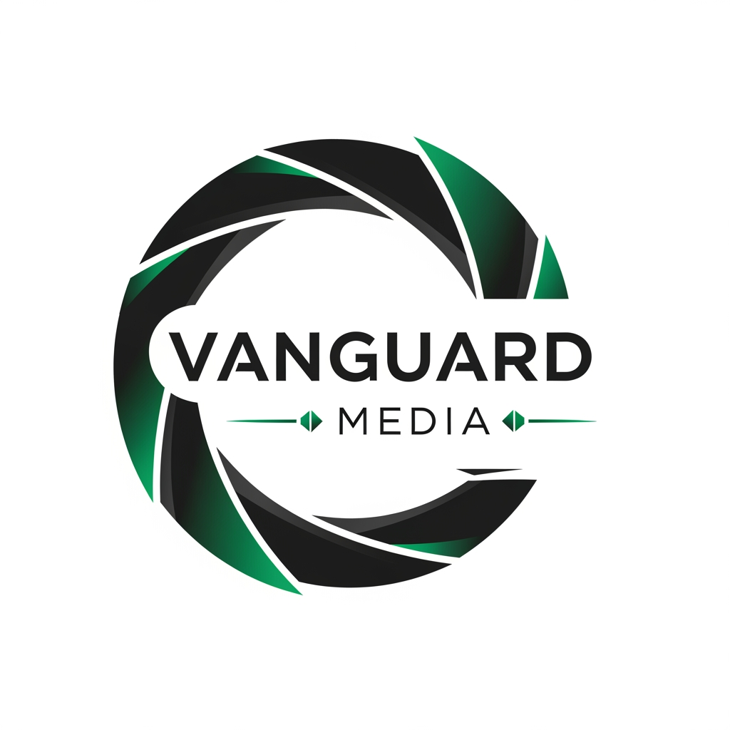 AI Design for a logo for vanguard media with matte black and emerald green a highly professional one with a lens or a camera sketch as a frame with maximum cretiveness