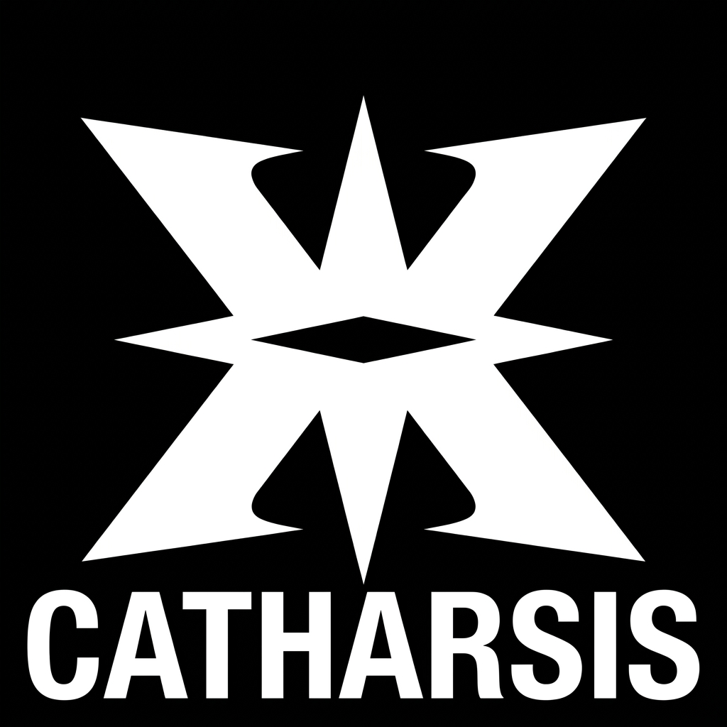 AI Design for the logo "catharsis" attached, in 2D, basic white for the logo and black for the back