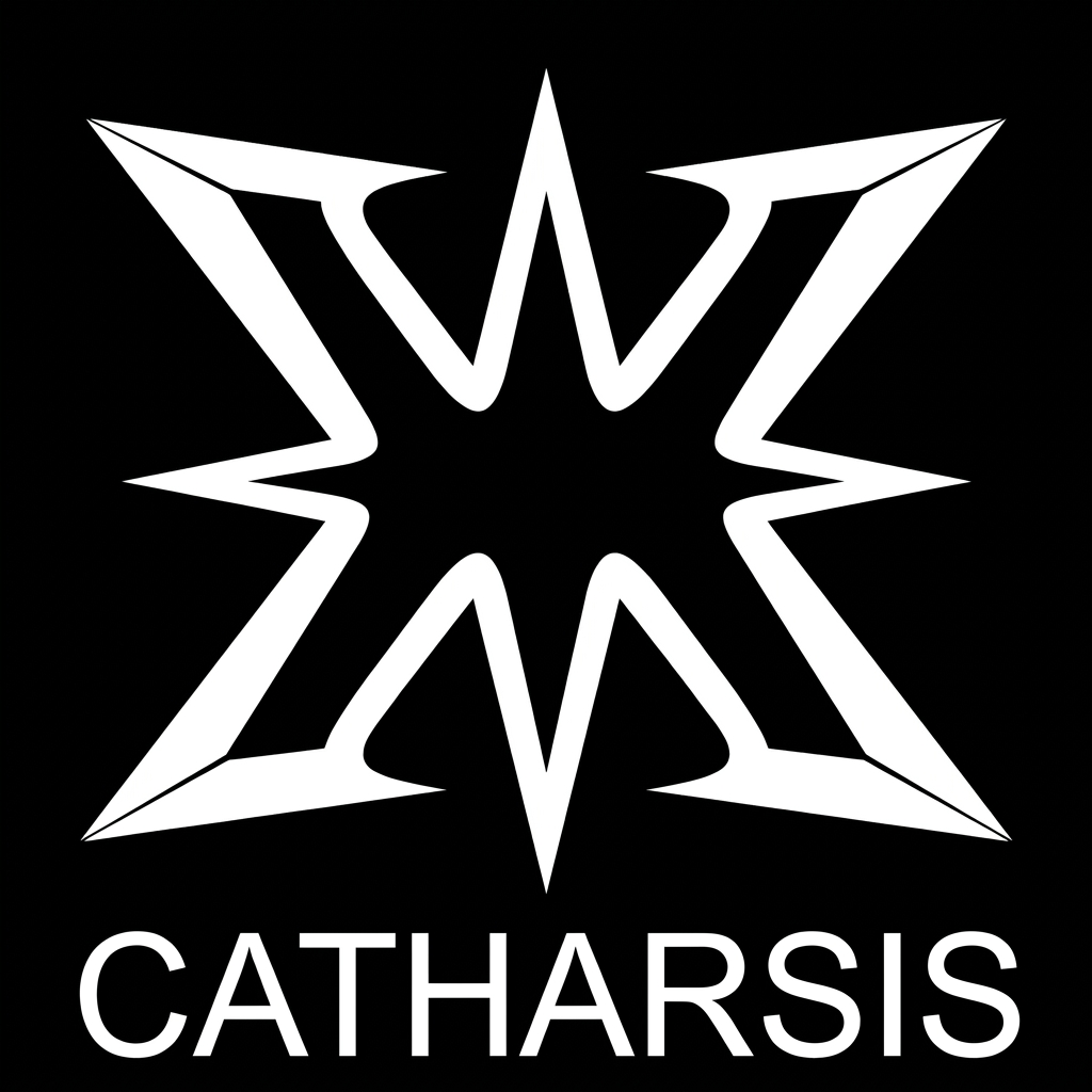 AI Design for the logo "catharsis" attached, in 2D, basic white for the logo and black for the back