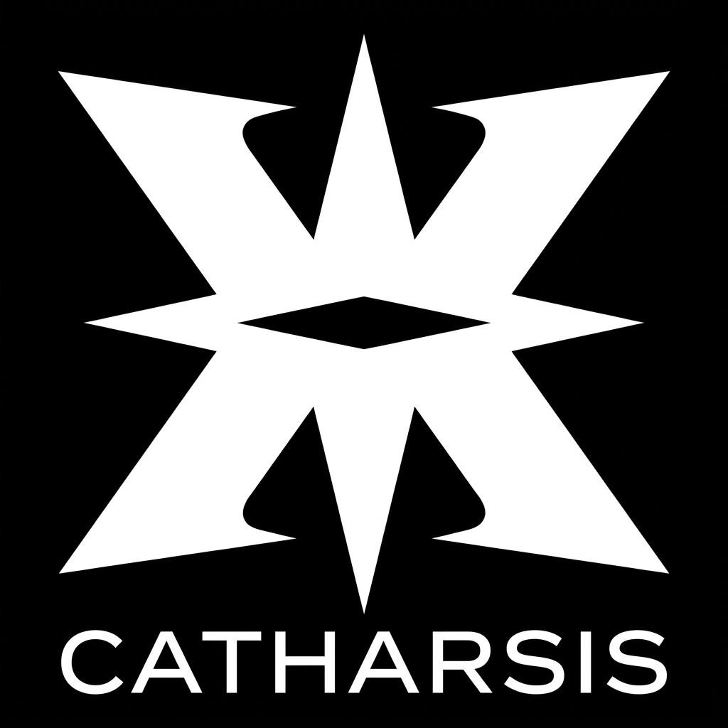 AI Design for the logo "catharsis" attached, in 2D, basic white for the logo and black for the back