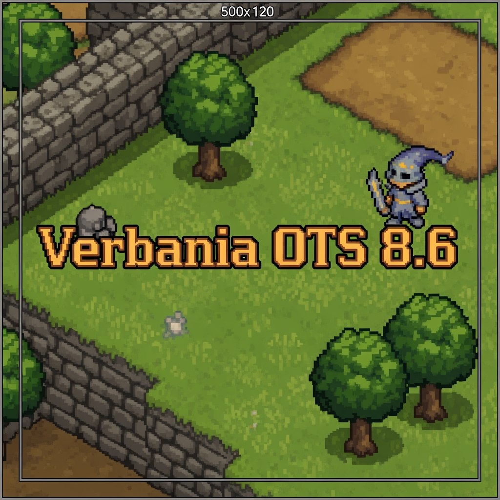 AI Design for a graphic signature for a page with dimensions of 500 by 120 pixels, theme: Tibia game and name on the signature: Verbania OTS 8.6