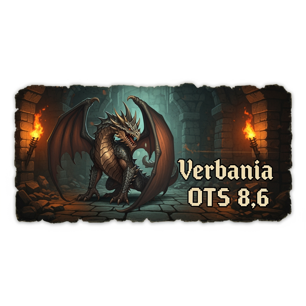 AI Design for a graphic signature for a page with size of 500x120 pixels, theme: Tibia game and name on the signature: Verbania OTS 8.6 in the lower right corner