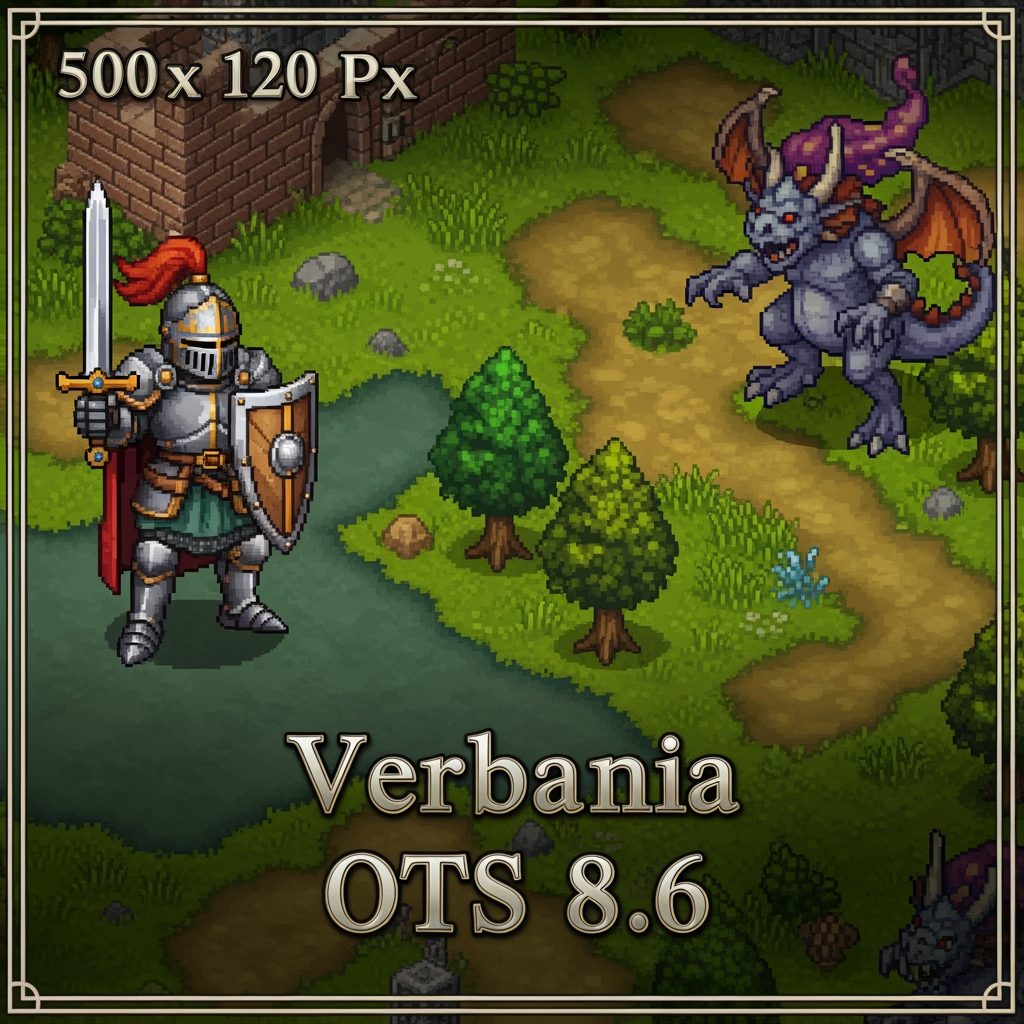 AI Design for a graphic signature for a page with dimensions of 500 by 120 pixels, theme: Tibia game and name on the signature: Verbania OTS 8.6