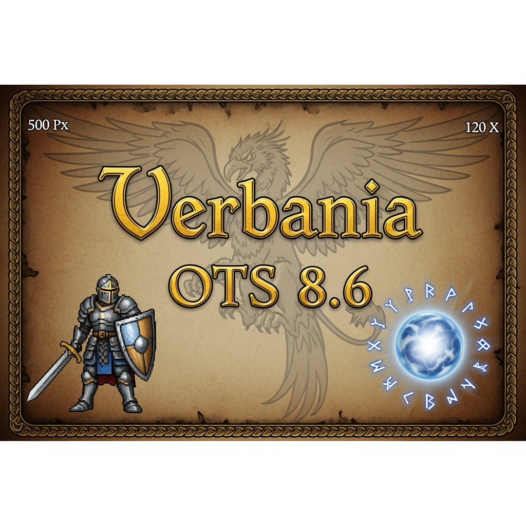 AI Design for a graphic signature for a page with dimensions of 500 by 120 pixels, theme: Tibia game and name on the signature: Verbania OTS 8.6