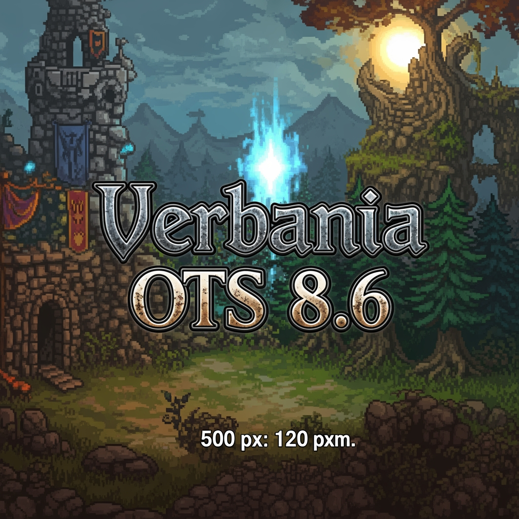 AI Design for a graphic signature for a page measuring 500 x 120, the theme of the game Tibia and the name on the signature: Verbania OTS 8.6