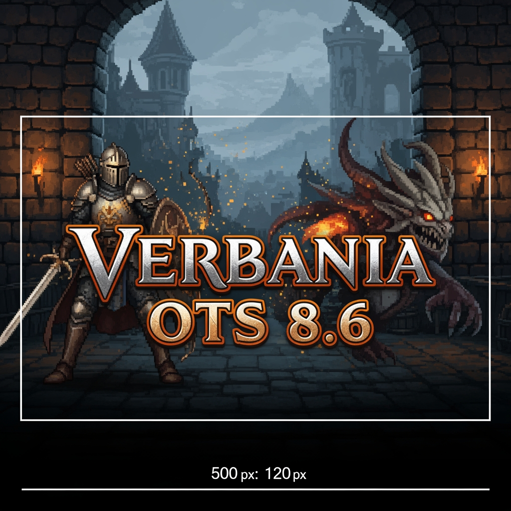AI Design for a graphic signature for a page measuring 500 x 120, the theme of the game Tibia and the name on the signature: Verbania OTS 8.6