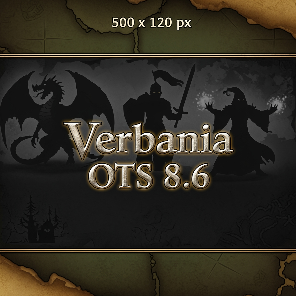 AI Design for a graphic signature for a page with dimensions of 500 by 120 pixels, theme: Tibia game and name on the signature: Verbania OTS 8.6