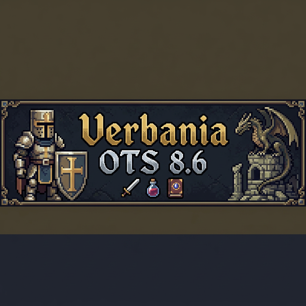 AI Design for a graphic signature for a page with dimensions of 500 by 120 pixels, theme: Tibia game and name on the signature: Verbania OTS 8.6