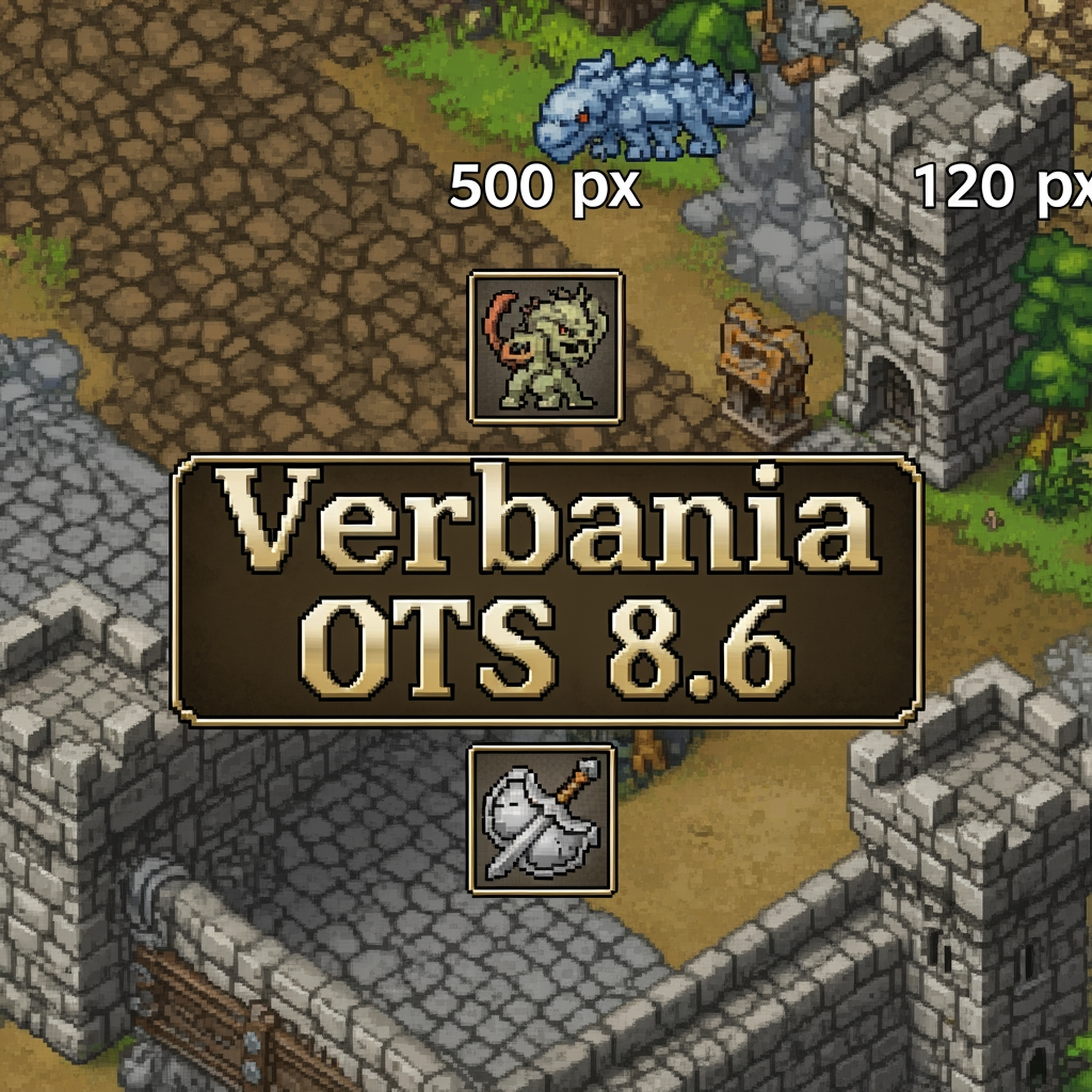 AI Design for a graphic signature for a page with dimensions of 500 by 120 pixels, theme: Tibia game and name on the signature: Verbania OTS 8.6
