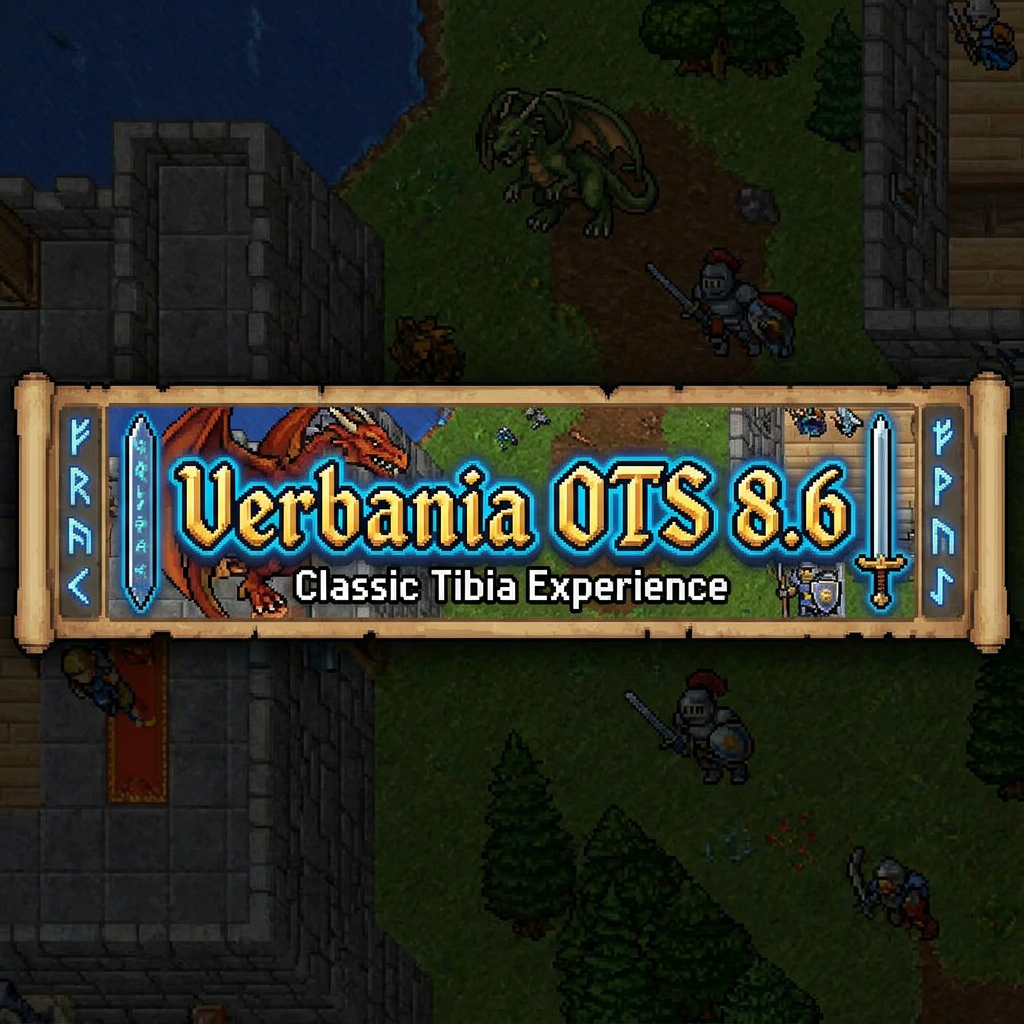 AI Design for a graphic signature for a page with dimensions of 500 by 120 pixels, theme: Tibia game and name on the signature: Verbania OTS 8.6