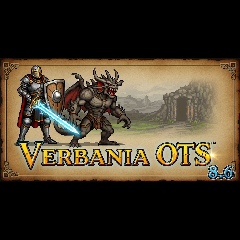 AI Design for a graphic signature for a page measuring 500 x 120, the theme of the game Tibia and the name on the signature: Verbania OTS 8.6