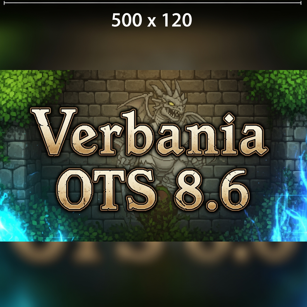 AI Design for a graphic signature for a page with dimensions of 500 by 120 pixels, theme: Tibia game and name on the signature: Verbania OTS 8.6