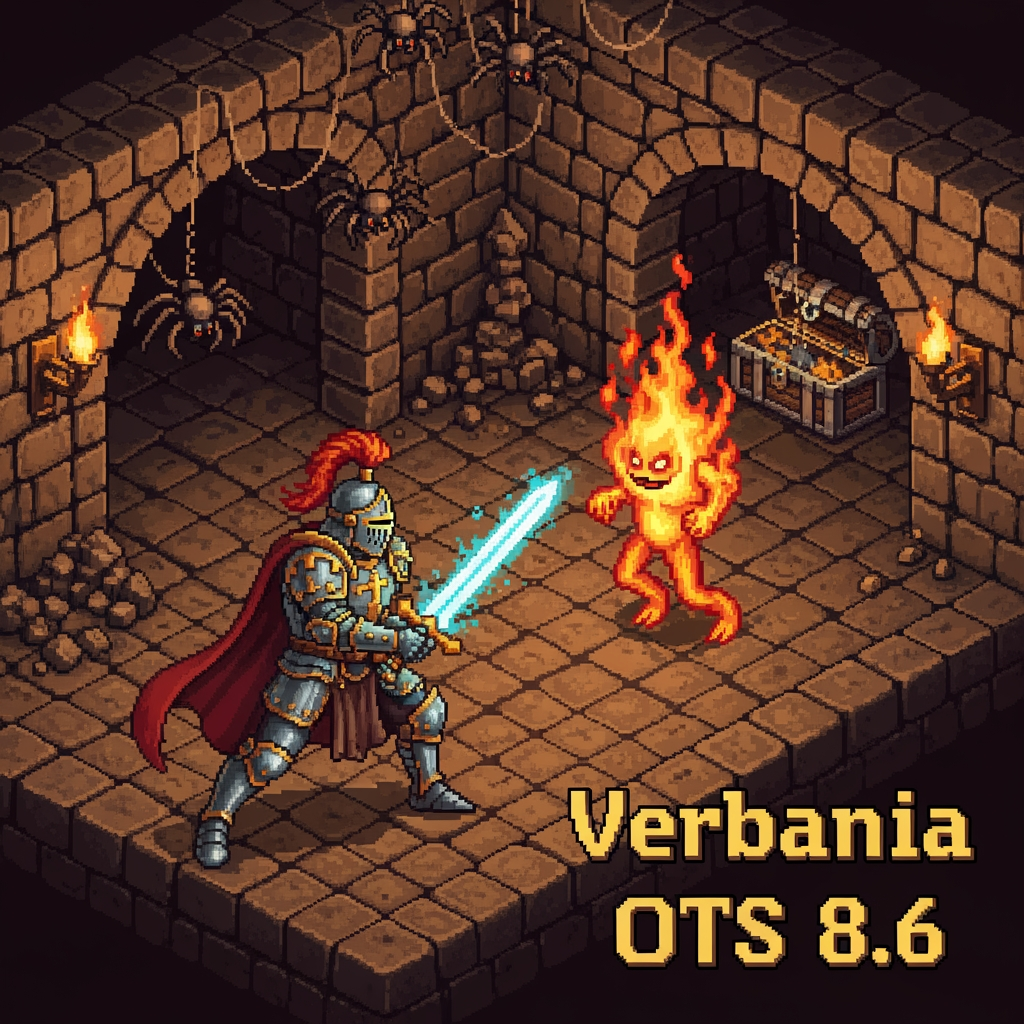 AI Design for a graphic signature for a page with size of 500x120 pixels, theme: Tibia game and name on the signature: Verbania OTS 8.6 in the lower right corner
