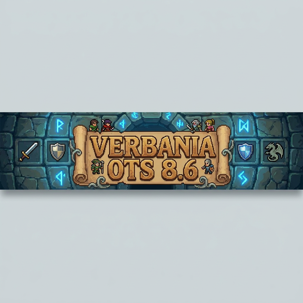 AI Design for a graphic signature for a page with dimensions of 500 by 120 pixels, theme: Tibia game and name on the signature: Verbania OTS 8.6