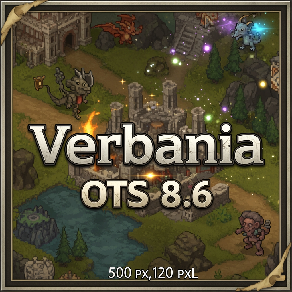 AI Design for a graphic signature for a page measuring 500 x 120, the theme of the game Tibia and the name on the signature: Verbania OTS 8.6
