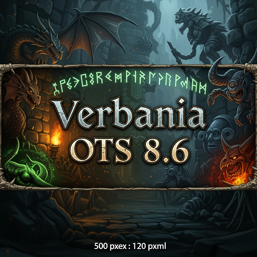 AI Design for a graphic signature for a page measuring 500 x 120, the theme of the game Tibia and the name on the signature: Verbania OTS 8.6