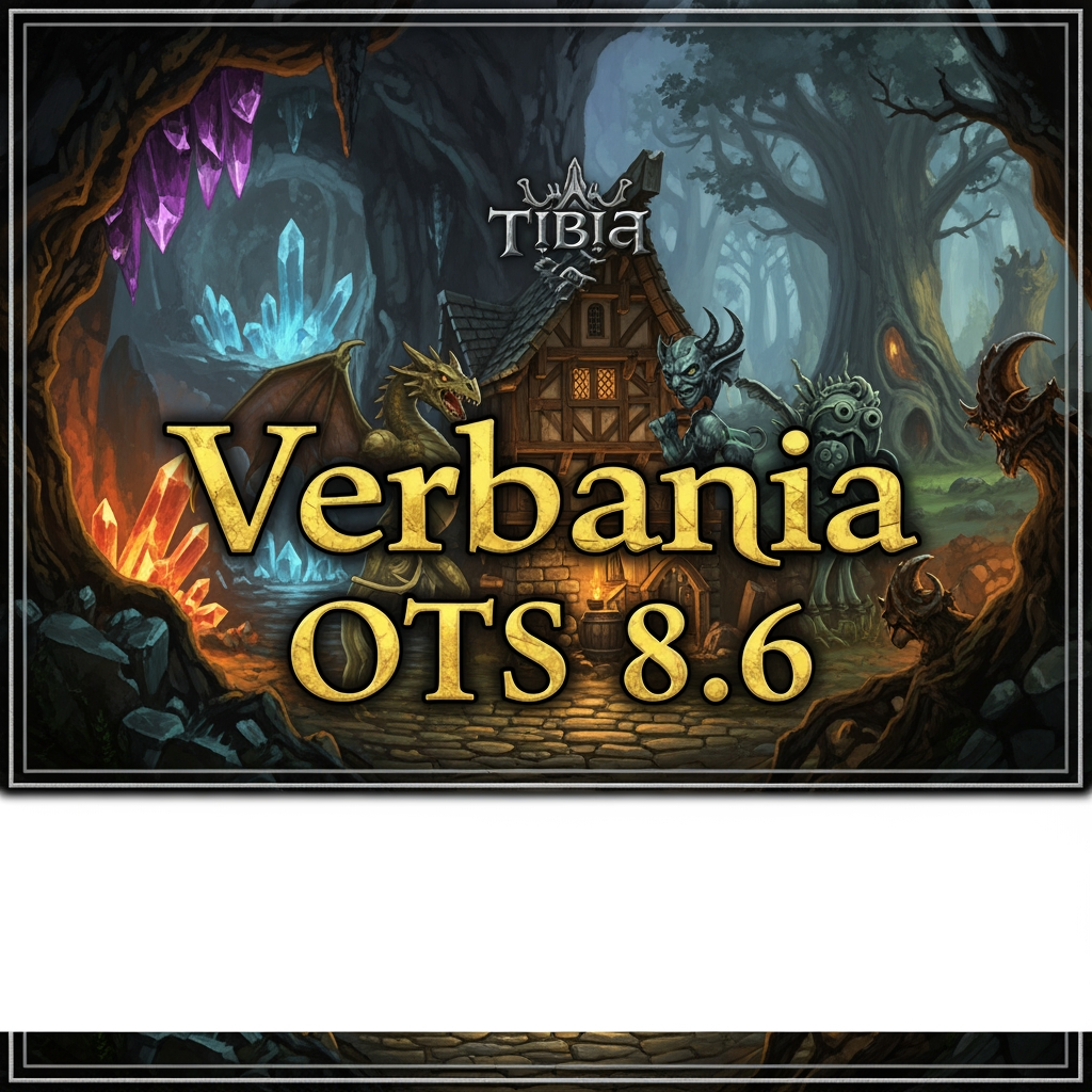 AI Design for a graphic signature for a page measuring 500 x 120, the theme of the game Tibia and the name on the signature: Verbania OTS 8.6