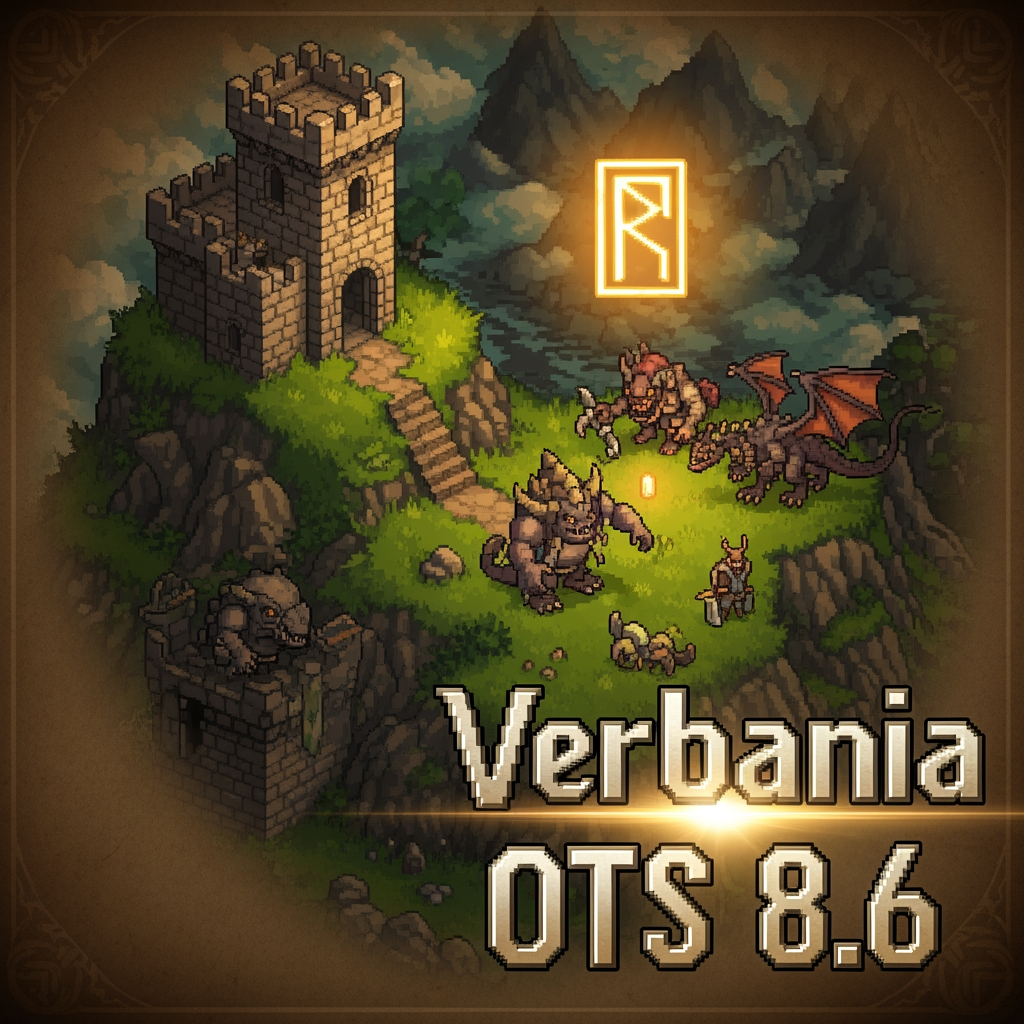 AI Design for a graphic signature for a page with size of 500x120 pixels, theme: Tibia game and name on the signature: Verbania OTS 8.6 in the lower right corner