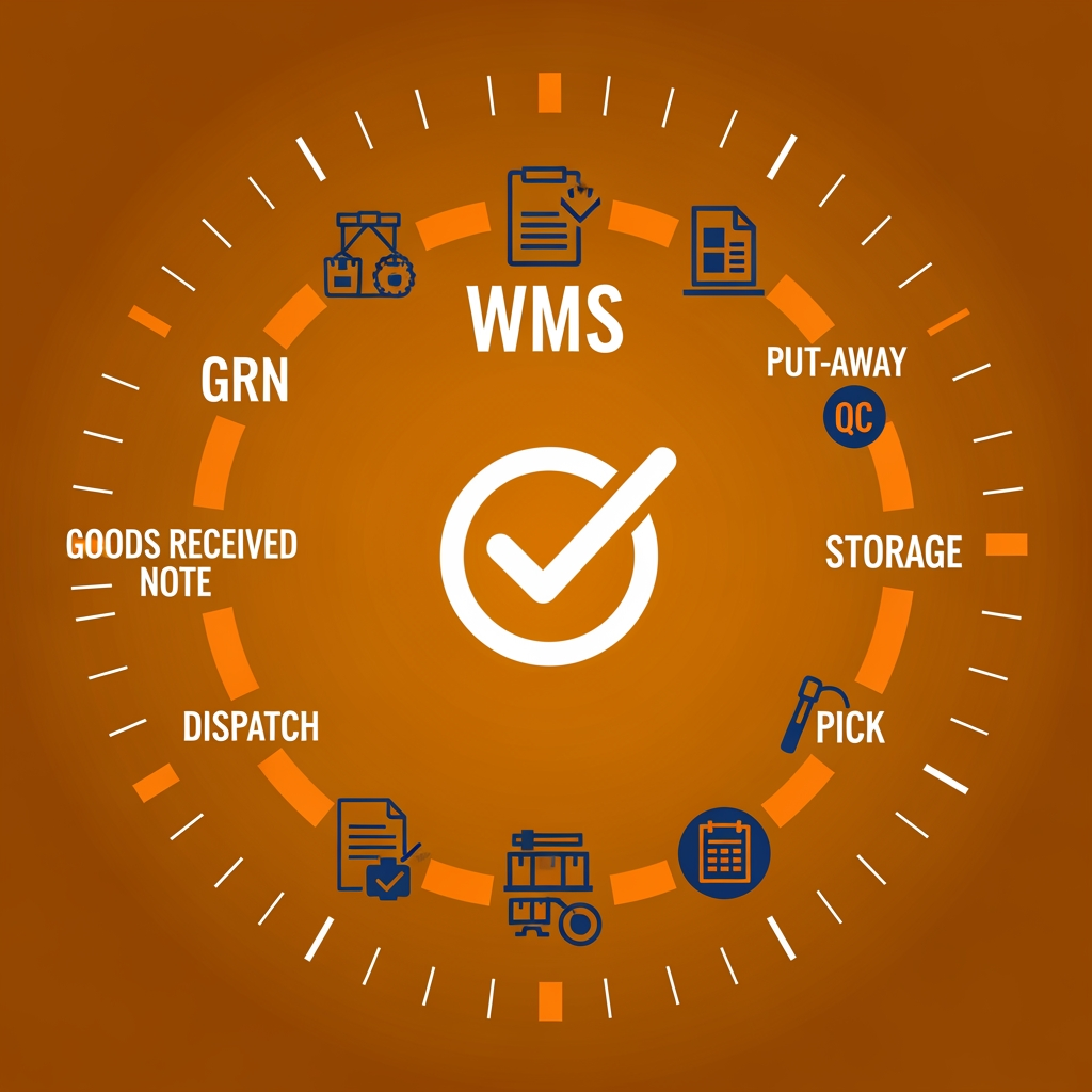 AI Design for Clock cycle / Perpetual operations | Visual Description: A clock face whose hour markings are replaced by WMS function icons: GRN at 12, QC at 2, Put-Away at 4, Storage at 6, Pick at 8, Dispatch at 10 — forming a complete cycle. In the centre: a checkmark inside a circle. Deep Amber with white clock face and orange icon markings. Communicates 'always-on, always-accurate, full cycle'. Why This Icon: The circular clock communicates perpetual operation — WMS never sleeps. Replacing numbers with function icons makes the operating cycle visually explicit. The central checkmark says 'accuracy guaranteed'. Highly distinctive.
PLATFORM COLOUR: Deep Amber Hex: #E65100 Light Tint: #FBE9E7 Navy #1E2461 and Orange #E85A2A generate icon accordingly
