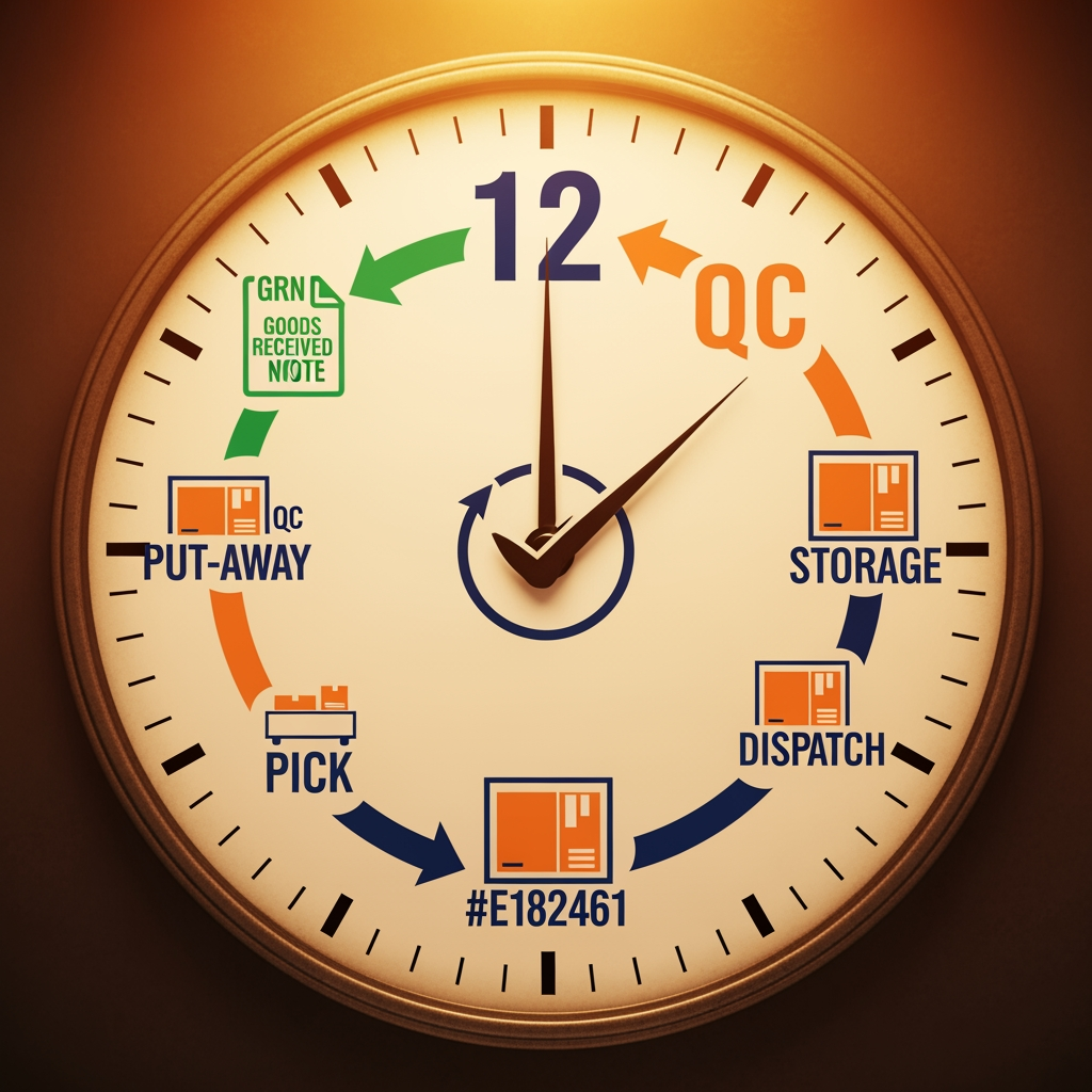 AI Design for Clock cycle / Perpetual operations | Visual Description: A clock face whose hour markings are replaced by WMS function icons: GRN at 12, QC at 2, Put-Away at 4, Storage at 6, Pick at 8, Dispatch at 10 — forming a complete cycle. In the centre: a checkmark inside a circle. Deep Amber with white clock face and orange icon markings. Communicates 'always-on, always-accurate, full cycle'. Why This Icon: The circular clock communicates perpetual operation — WMS never sleeps. Replacing numbers with function icons makes the operating cycle visually explicit. The central checkmark says 'accuracy guaranteed'. Highly distinctive.
PLATFORM COLOUR: Deep Amber Hex: #E65100 Light Tint: #FBE9E7 Navy #1E2461 and Orange #E85A2A generate icon accordingly