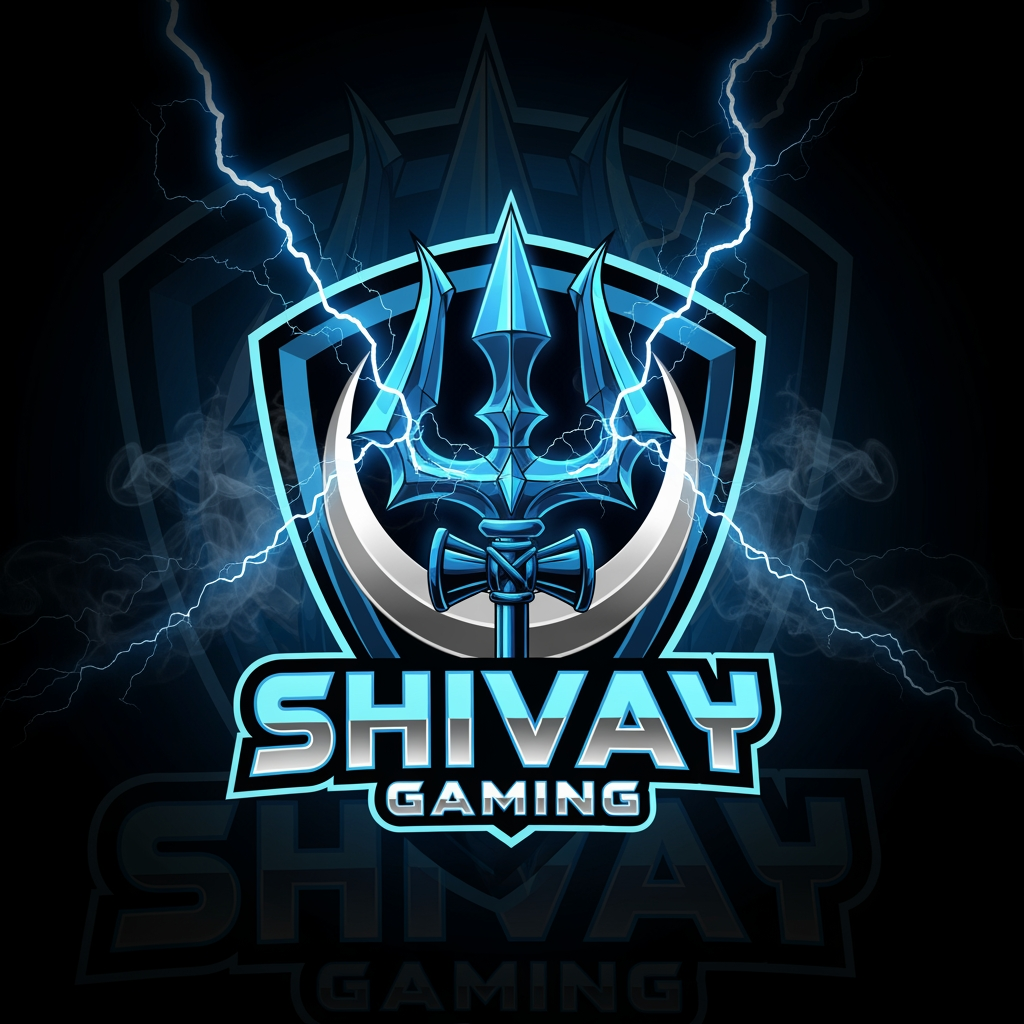 AI Design for Create a premium esports gaming logo for "SHIVAY GAMING". Feature a glowing blue Trishul (trident) as the central symbol, with a crescent moon behind it. Use a dark black background with electric blue lightning, mystical energy aura, and subtle smoke effects. Add bold futuristic esports-style typography for "SHIVAY GAMING". The design should look powerful, modern, clean, and professional for a YouTube gaming channel. High-detail vector style, sharp edges, 4K quality, gaming mascot logo, blue and silver color scheme. Design an aggressive esports logo for "SHIVAY GAMING" with a glowing neon-blue Trishul, fierce energy effects, lightning, dark background, bold 3D gaming text, modern esports shield, professional YouTube gaming branding, ultra-detailed vector artwork, blue and black theme, 4K.