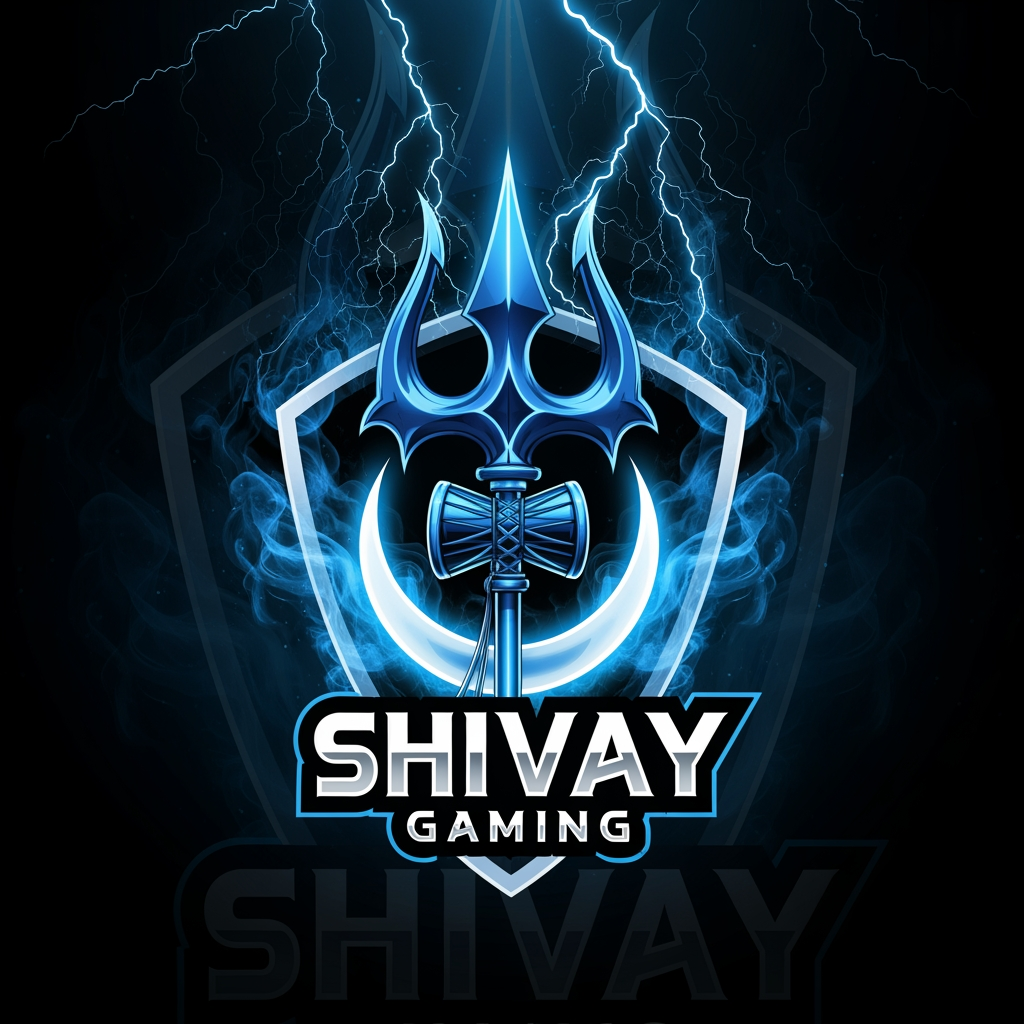 AI Design for Create a premium esports gaming logo for "SHIVAY GAMING". Feature a glowing blue Trishul (trident) as the central symbol, with a crescent moon behind it. Use a dark black background with electric blue lightning, mystical energy aura, and subtle smoke effects. Add bold futuristic esports-style typography for "SHIVAY GAMING". The design should look powerful, modern, clean, and professional for a YouTube gaming channel. High-detail vector style, sharp edges, 4K quality, gaming mascot logo, blue and silver color scheme. Design an aggressive esports logo for "SHIVAY GAMING" with a glowing neon-blue Trishul, fierce energy effects, lightning, dark background, bold 3D gaming text, modern esports shield, professional YouTube gaming branding, ultra-detailed vector artwork, blue and black theme, 4K.