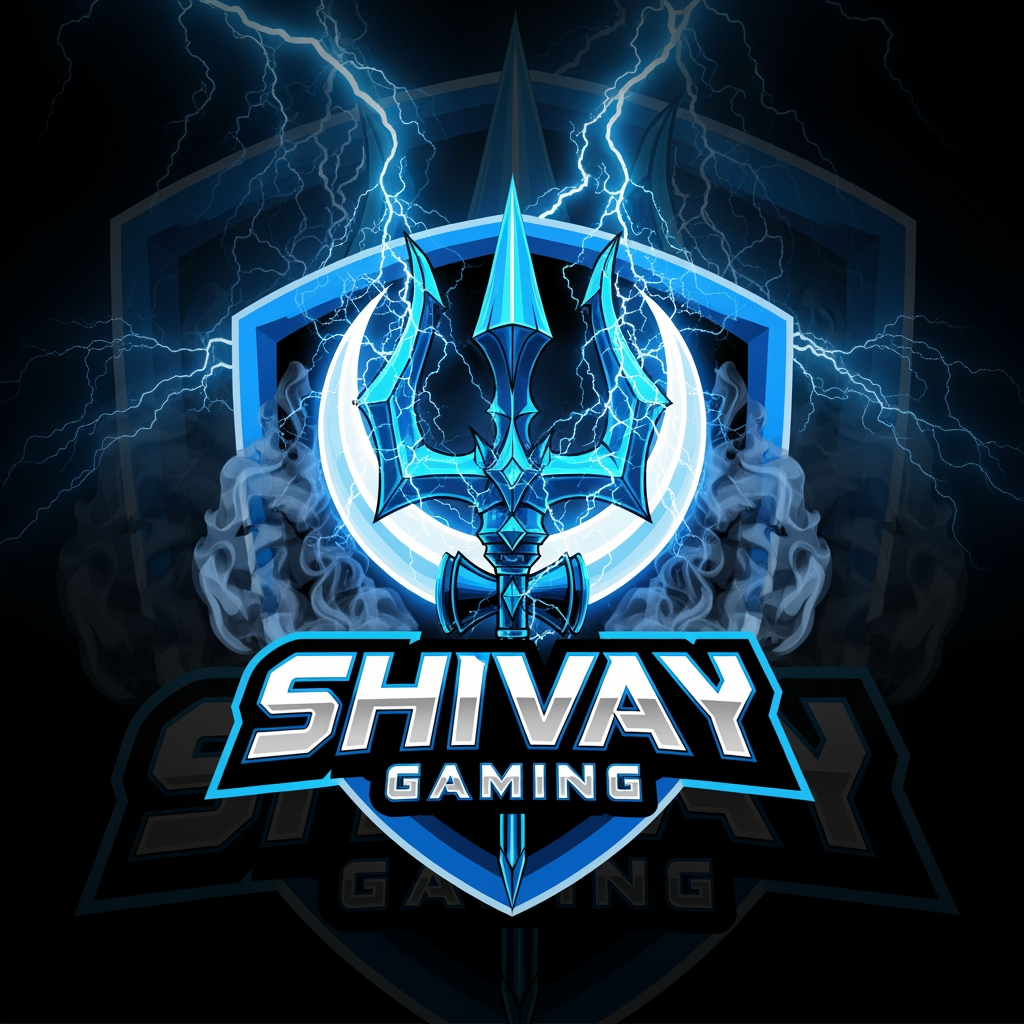 AI Design for Create a premium esports gaming logo for "SHIVAY GAMING". Feature a glowing blue Trishul (trident) as the central symbol, with a crescent moon behind it. Use a dark black background with electric blue lightning, mystical energy aura, and subtle smoke effects. Add bold futuristic esports-style typography for "SHIVAY GAMING". The design should look powerful, modern, clean, and professional for a YouTube gaming channel. High-detail vector style, sharp edges, 4K quality, gaming mascot logo, blue and silver color scheme. Design an aggressive esports logo for "SHIVAY GAMING" with a glowing neon-blue Trishul, fierce energy effects, lightning, dark background, bold 3D gaming text, modern esports shield, professional YouTube gaming branding, ultra-detailed vector artwork, blue and black theme, 4K.