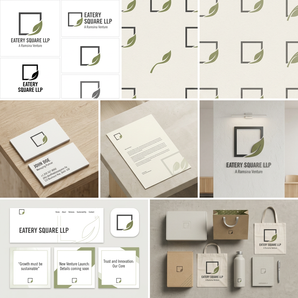 AI Design for Create a premium and minimal brand identity image series for **EATERY SQUARE LLP – A Ramsina Venture**, using the uploaded logo as the foundation.
The logo features a geometric square combined with an organic leaf. Preserve the original symbol exactly while refining proportions and spacing where necessary.
Brand values:
Sustainability, Growth, Trust, Innovation, Responsibility and Long-term Vision.
Color palette: make
Typography:
* Trade Gothic Condensed for logo and headings
* Strong hierarchy with clean spacing
Create realistic standalone mockups and brand assets, each shown separately with clean backgrounds:
1. Primary logo on white background
2. Horizontal logo variation
3. Vertical logo variation
4. Icon-only logo
5. Black version
6. White version
7. Monochrome version
Brand Pattern:
Create a subtle repeating pattern using only fragments of the square and leaf.
The pattern should feel architectural and organic at the same time.
Very minimal with lots of negative space.
Avoid diagonal leaves floating randomly.
Think of the leaf emerging naturally from corners and edges of the square.
Business Cards:
* Front: logo only with lots of whitespace
* Back: name, designation and contact details
* Premium matte finish
* Flat lay photography style
Letterhead:
* Minimal top-left logo
* Subtle leaf-square pattern in one corner
* Elegant corporate layout
Office Reception Signage:
* Matte metal or acrylic logo mounted on textured white wall
* Minimal Scandinavian interior
* No dramatic lighting
Website Header:
* Clean white navigation
* Logo on left
* Large typography
* Abstract leaf-square line art as background accent
* Corporate and modern
Instagram Templates:
* Minimal quote post
* Corporate announcement
* Brand philosophy post
* White background with subtle green accents
Mobile App Icon:
* Square icon using only the leaf and square symbol
* Flat design
* Clean edges
* Minimal and recognizable
Packaging:
* Premium rigid box
* Kraft paper box
* Shopping bag
* Minimal labels
* Large whitespace
* Small logo placement
Merchandise:
* Canvas tote bag
* Matte reusable bottle
* Notebook
* Pen
Photography style:
Bright natural lighting, Scandinavian interiors, clean surfaces, neutral materials, sustainable premium aesthetic.
The final output should look like a real luxury corporate brand photographed professionally — elegant, modern, sustainable and timeless.