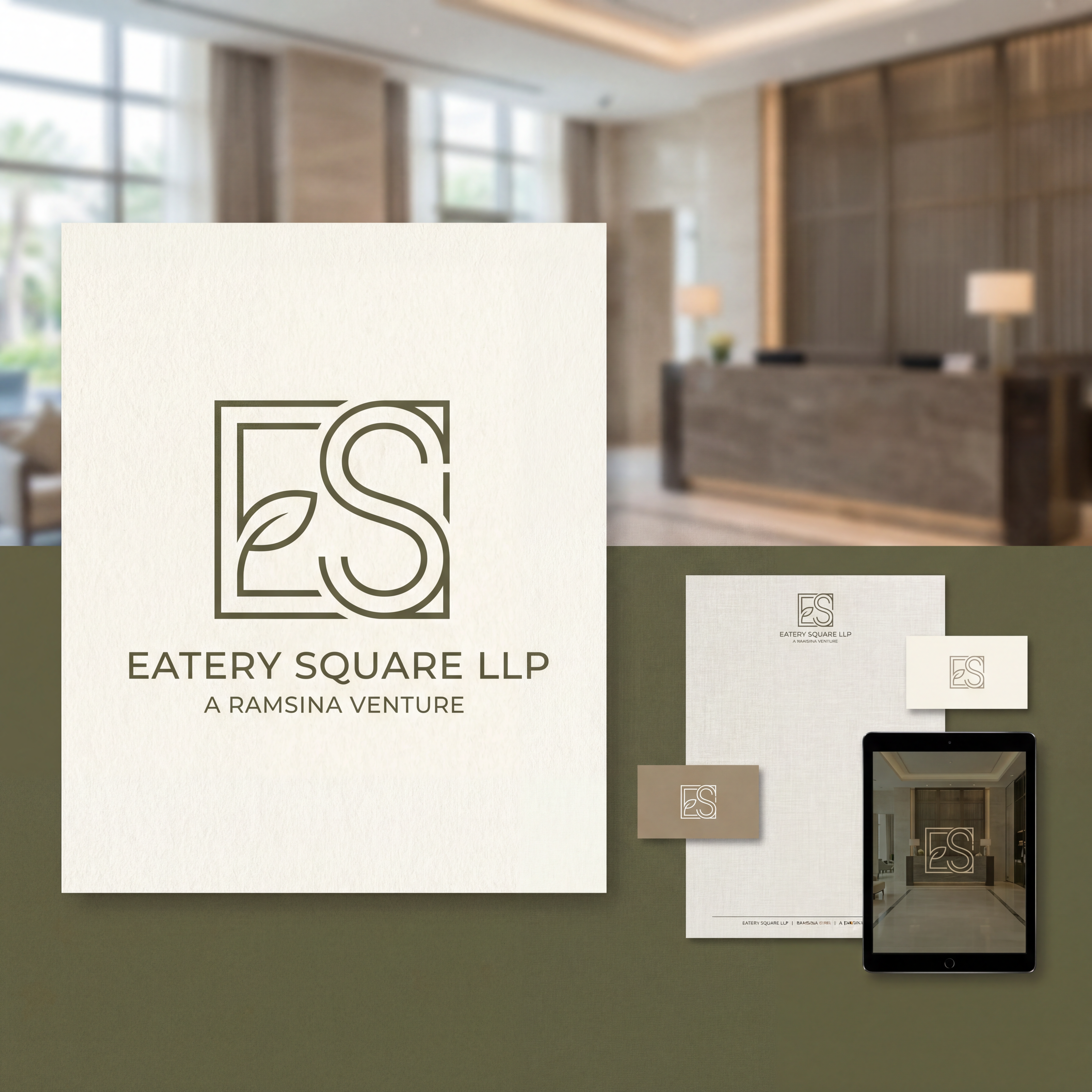 AI Design for we need a logo and brand identity for our new sister company, Eatery Square LLP.

Eatery Square LLP is a hospitality venture under Ramsina and will include hotels, food malls, spas and other hospitality experiences.

Requirement:

Minimal and sophisticated logo
Subtle incorporation/inspiration of leaf 
Should be versatile