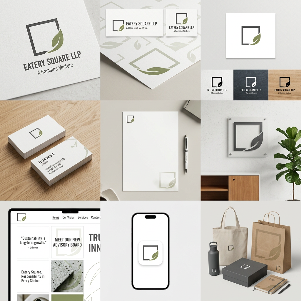 AI Design for Create a premium and minimal brand identity image series for **EATERY SQUARE LLP – A Ramsina Venture**, using the uploaded logo as the foundation.
The logo features a geometric square combined with an organic leaf. Preserve the original symbol exactly while refining proportions and spacing where necessary.
Brand values:
Sustainability, Growth, Trust, Innovation, Responsibility and Long-term Vision.
Color palette: make
Typography:
* Trade Gothic Condensed for logo and headings
* Strong hierarchy with clean spacing
Create realistic standalone mockups and brand assets, each shown separately with clean backgrounds:
1. Primary logo on white background
2. Horizontal logo variation
3. Vertical logo variation
4. Icon-only logo
5. Black version
6. White version
7. Monochrome version
Brand Pattern:
Create a subtle repeating pattern using only fragments of the square and leaf.
The pattern should feel architectural and organic at the same time.
Very minimal with lots of negative space.
Avoid diagonal leaves floating randomly.
Think of the leaf emerging naturally from corners and edges of the square.
Business Cards:
* Front: logo only with lots of whitespace
* Back: name, designation and contact details
* Premium matte finish
* Flat lay photography style
Letterhead:
* Minimal top-left logo
* Subtle leaf-square pattern in one corner
* Elegant corporate layout
Office Reception Signage:
* Matte metal or acrylic logo mounted on textured white wall
* Minimal Scandinavian interior
* No dramatic lighting
Website Header:
* Clean white navigation
* Logo on left
* Large typography
* Abstract leaf-square line art as background accent
* Corporate and modern
Instagram Templates:
* Minimal quote post
* Corporate announcement
* Brand philosophy post
* White background with subtle green accents
Mobile App Icon:
* Square icon using only the leaf and square symbol
* Flat design
* Clean edges
* Minimal and recognizable
Packaging:
* Premium rigid box
* Kraft paper box
* Shopping bag
* Minimal labels
* Large whitespace
* Small logo placement
Merchandise:
* Canvas tote bag
* Matte reusable bottle
* Notebook
* Pen
Photography style:
Bright natural lighting, Scandinavian interiors, clean surfaces, neutral materials, sustainable premium aesthetic.
The final output should look like a real luxury corporate brand photographed professionally — elegant, modern, sustainable and timeless.