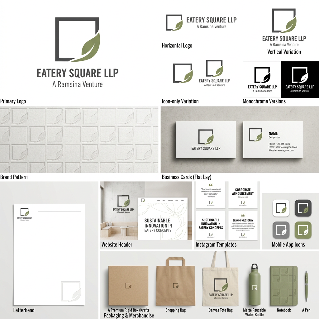 AI Design for Create a premium and minimal brand identity image series for **EATERY SQUARE LLP – A Ramsina Venture**, using the uploaded logo as the foundation.
The logo features a geometric square combined with an organic leaf. Preserve the original symbol exactly while refining proportions and spacing where necessary.
Brand values:
Sustainability, Growth, Trust, Innovation, Responsibility and Long-term Vision.
Color palette: make
Typography:
* Trade Gothic Condensed for logo and headings
* Strong hierarchy with clean spacing
Create realistic standalone mockups and brand assets, each shown separately with clean backgrounds:
1. Primary logo on white background
2. Horizontal logo variation
3. Vertical logo variation
4. Icon-only logo
5. Black version
6. White version
7. Monochrome version
Brand Pattern:
Create a subtle repeating pattern using only fragments of the square and leaf.
The pattern should feel architectural and organic at the same time.
Very minimal with lots of negative space.
Avoid diagonal leaves floating randomly.
Think of the leaf emerging naturally from corners and edges of the square.
Business Cards:
* Front: logo only with lots of whitespace
* Back: name, designation and contact details
* Premium matte finish
* Flat lay photography style
Letterhead:
* Minimal top-left logo
* Subtle leaf-square pattern in one corner
* Elegant corporate layout
Office Reception Signage:
* Matte metal or acrylic logo mounted on textured white wall
* Minimal Scandinavian interior
* No dramatic lighting
Website Header:
* Clean white navigation
* Logo on left
* Large typography
* Abstract leaf-square line art as background accent
* Corporate and modern
Instagram Templates:
* Minimal quote post
* Corporate announcement
* Brand philosophy post
* White background with subtle green accents
Mobile App Icon:
* Square icon using only the leaf and square symbol
* Flat design
* Clean edges
* Minimal and recognizable
Packaging:
* Premium rigid box
* Kraft paper box
* Shopping bag
* Minimal labels
* Large whitespace
* Small logo placement
Merchandise:
* Canvas tote bag
* Matte reusable bottle
* Notebook
* Pen
Photography style:
Bright natural lighting, Scandinavian interiors, clean surfaces, neutral materials, sustainable premium aesthetic.
The final output should look like a real luxury corporate brand photographed professionally — elegant, modern, sustainable and timeless.