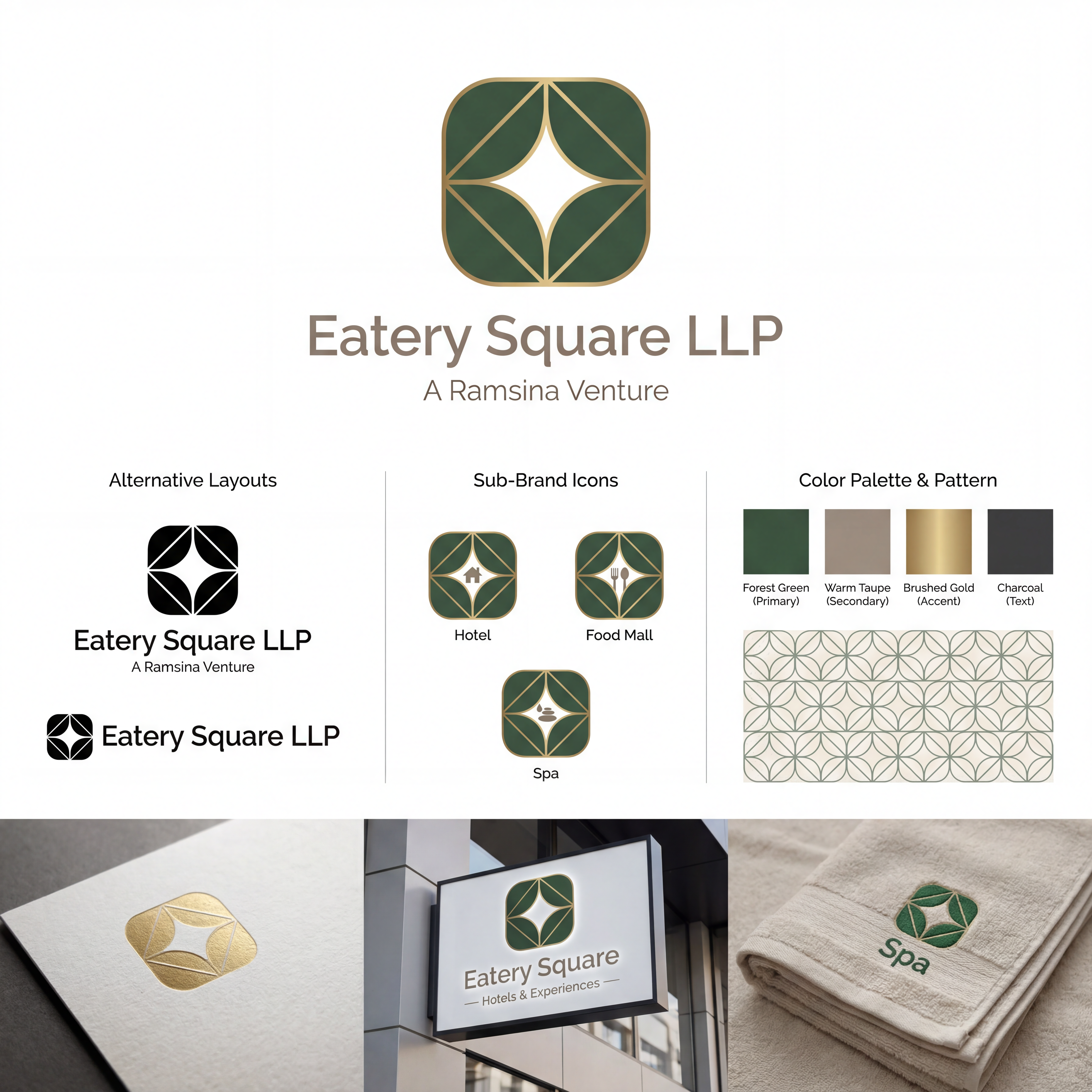 AI Design for we need a logo and brand identity for our new sister company, Eatery Square LLP.
Eatery Square LLP is a hospitality venture under Ramsina and will include hotels, food malls, spas and other hospitality experiences.
Requirement:
Minimal and sophisticated logo
Subtle incorporation/inspiration of leaf
Should be versatile