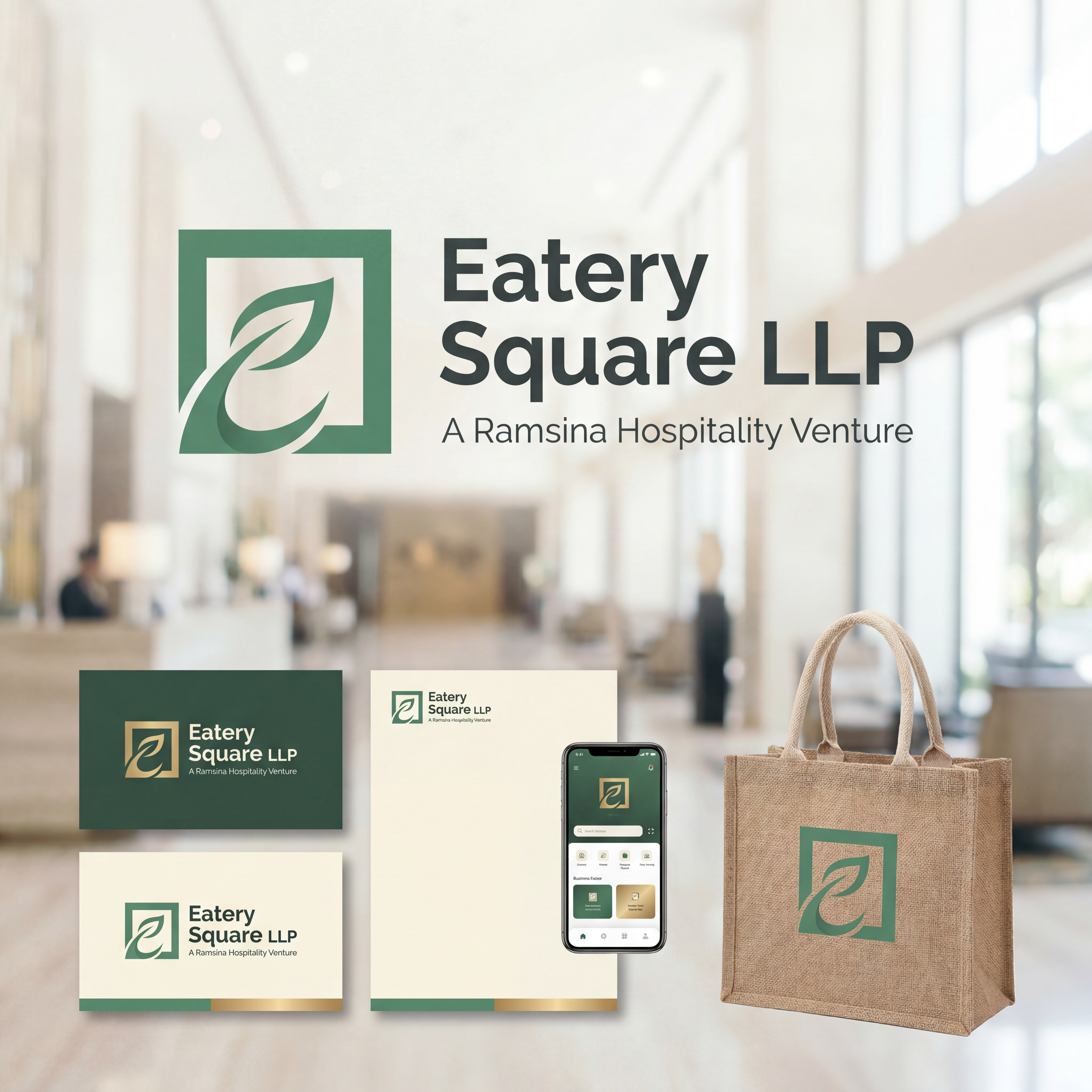 AI Design for we need a logo and brand identity for our new sister company, Eatery Square LLP.

Eatery Square LLP is a hospitality venture under Ramsina and will include hotels, food malls, spas and other hospitality experiences.

Requirement:

Minimal and sophisticated logo
Subtle incorporation/inspiration of leaf 
Should be versatile