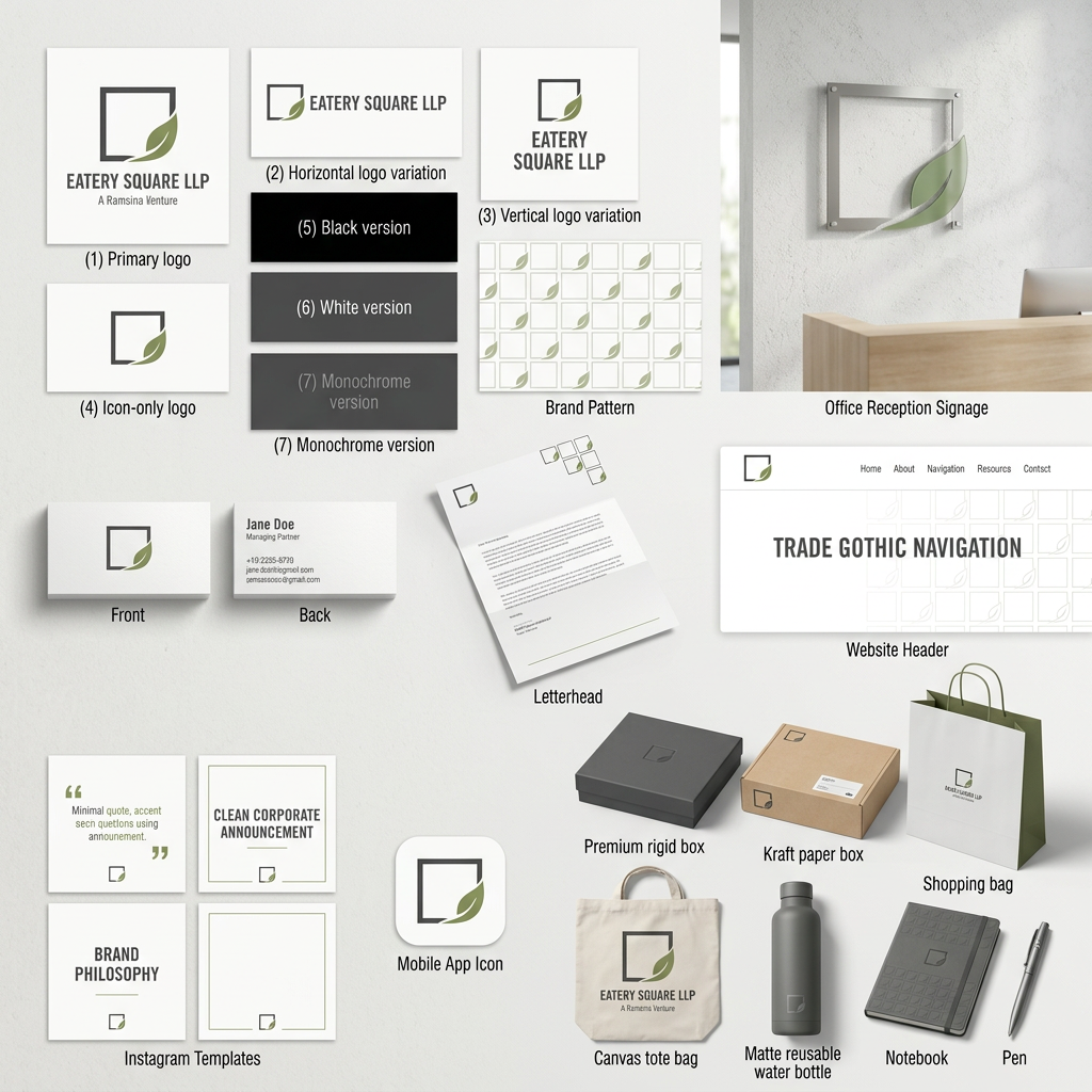 AI Design for Create a premium and minimal brand identity image series for **EATERY SQUARE LLP – A Ramsina Venture**, using the uploaded logo as the foundation.
The logo features a geometric square combined with an organic leaf. Preserve the original symbol exactly while refining proportions and spacing where necessary.
Brand values:
Sustainability, Growth, Trust, Innovation, Responsibility and Long-term Vision.
Color palette: make
Typography:
* Trade Gothic Condensed for logo and headings
* Strong hierarchy with clean spacing
Create realistic standalone mockups and brand assets, each shown separately with clean backgrounds:
1. Primary logo on white background
2. Horizontal logo variation
3. Vertical logo variation
4. Icon-only logo
5. Black version
6. White version
7. Monochrome version
Brand Pattern:
Create a subtle repeating pattern using only fragments of the square and leaf.
The pattern should feel architectural and organic at the same time.
Very minimal with lots of negative space.
Avoid diagonal leaves floating randomly.
Think of the leaf emerging naturally from corners and edges of the square.
Business Cards:
* Front: logo only with lots of whitespace
* Back: name, designation and contact details
* Premium matte finish
* Flat lay photography style
Letterhead:
* Minimal top-left logo
* Subtle leaf-square pattern in one corner
* Elegant corporate layout
Office Reception Signage:
* Matte metal or acrylic logo mounted on textured white wall
* Minimal Scandinavian interior
* No dramatic lighting
Website Header:
* Clean white navigation
* Logo on left
* Large typography
* Abstract leaf-square line art as background accent
* Corporate and modern
Instagram Templates:
* Minimal quote post
* Corporate announcement
* Brand philosophy post
* White background with subtle green accents
Mobile App Icon:
* Square icon using only the leaf and square symbol
* Flat design
* Clean edges
* Minimal and recognizable
Packaging:
* Premium rigid box
* Kraft paper box
* Shopping bag
* Minimal labels
* Large whitespace
* Small logo placement
Merchandise:
* Canvas tote bag
* Matte reusable bottle
* Notebook
* Pen
Photography style:
Bright natural lighting, Scandinavian interiors, clean surfaces, neutral materials, sustainable premium aesthetic.
The final output should look like a real luxury corporate brand photographed professionally — elegant, modern, sustainable and timeless.