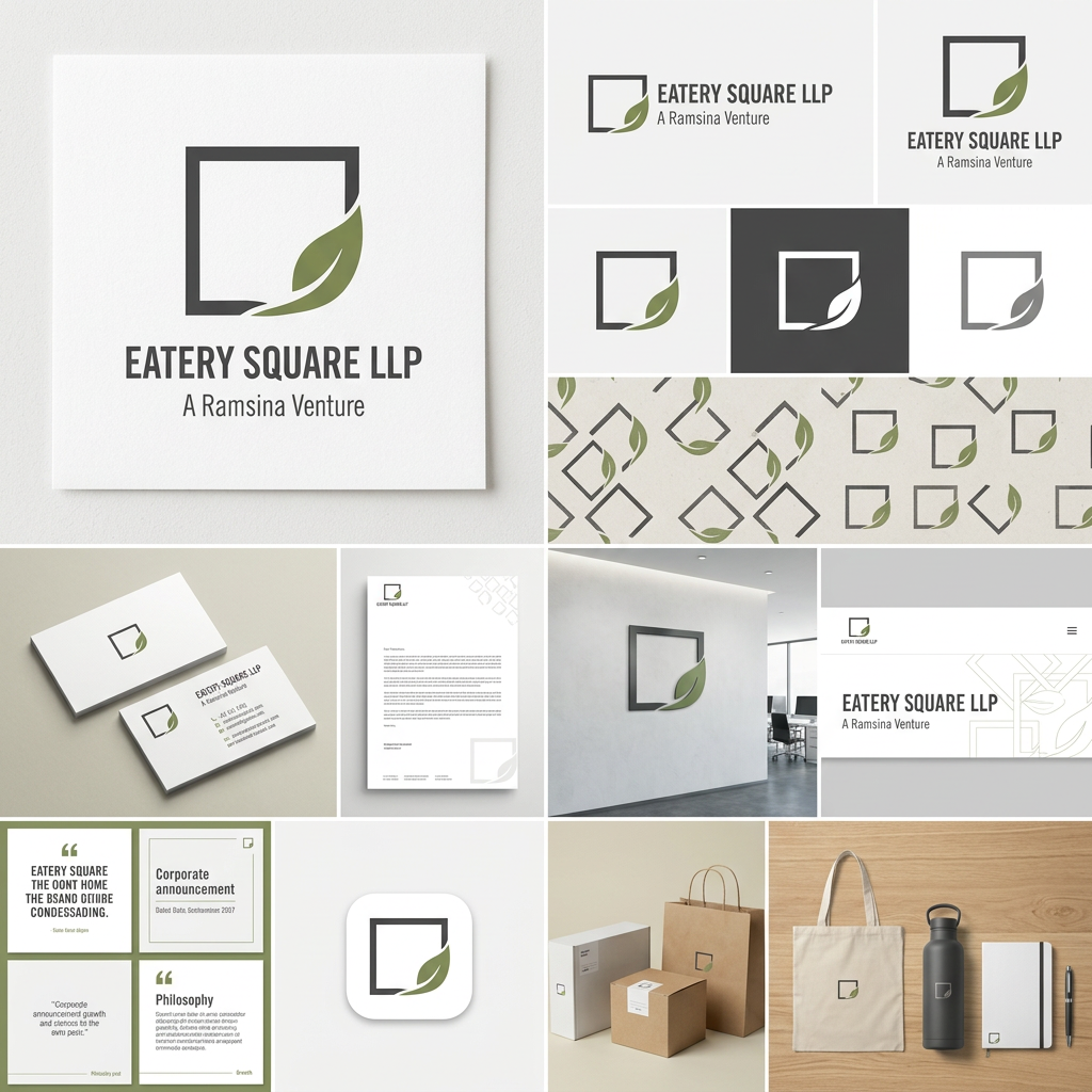 AI Design for Create a premium and minimal brand identity image series for **EATERY SQUARE LLP – A Ramsina Venture**, using the uploaded logo as the foundation.
The logo features a geometric square combined with an organic leaf. Preserve the original symbol exactly while refining proportions and spacing where necessary.
Brand values:
Sustainability, Growth, Trust, Innovation, Responsibility and Long-term Vision.
Color palette: make
Typography:
* Trade Gothic Condensed for logo and headings
* Strong hierarchy with clean spacing
Create realistic standalone mockups and brand assets, each shown separately with clean backgrounds:
1. Primary logo on white background
2. Horizontal logo variation
3. Vertical logo variation
4. Icon-only logo
5. Black version
6. White version
7. Monochrome version
Brand Pattern:
Create a subtle repeating pattern using only fragments of the square and leaf.
The pattern should feel architectural and organic at the same time.
Very minimal with lots of negative space.
Avoid diagonal leaves floating randomly.
Think of the leaf emerging naturally from corners and edges of the square.
Business Cards:
* Front: logo only with lots of whitespace
* Back: name, designation and contact details
* Premium matte finish
* Flat lay photography style
Letterhead:
* Minimal top-left logo
* Subtle leaf-square pattern in one corner
* Elegant corporate layout
Office Reception Signage:
* Matte metal or acrylic logo mounted on textured white wall
* Minimal Scandinavian interior
* No dramatic lighting
Website Header:
* Clean white navigation
* Logo on left
* Large typography
* Abstract leaf-square line art as background accent
* Corporate and modern
Instagram Templates:
* Minimal quote post
* Corporate announcement
* Brand philosophy post
* White background with subtle green accents
Mobile App Icon:
* Square icon using only the leaf and square symbol
* Flat design
* Clean edges
* Minimal and recognizable
Packaging:
* Premium rigid box
* Kraft paper box
* Shopping bag
* Minimal labels
* Large whitespace
* Small logo placement
Merchandise:
* Canvas tote bag
* Matte reusable bottle
* Notebook
* Pen
Photography style:
Bright natural lighting, Scandinavian interiors, clean surfaces, neutral materials, sustainable premium aesthetic.
The final output should look like a real luxury corporate brand photographed professionally — elegant, modern, sustainable and timeless.