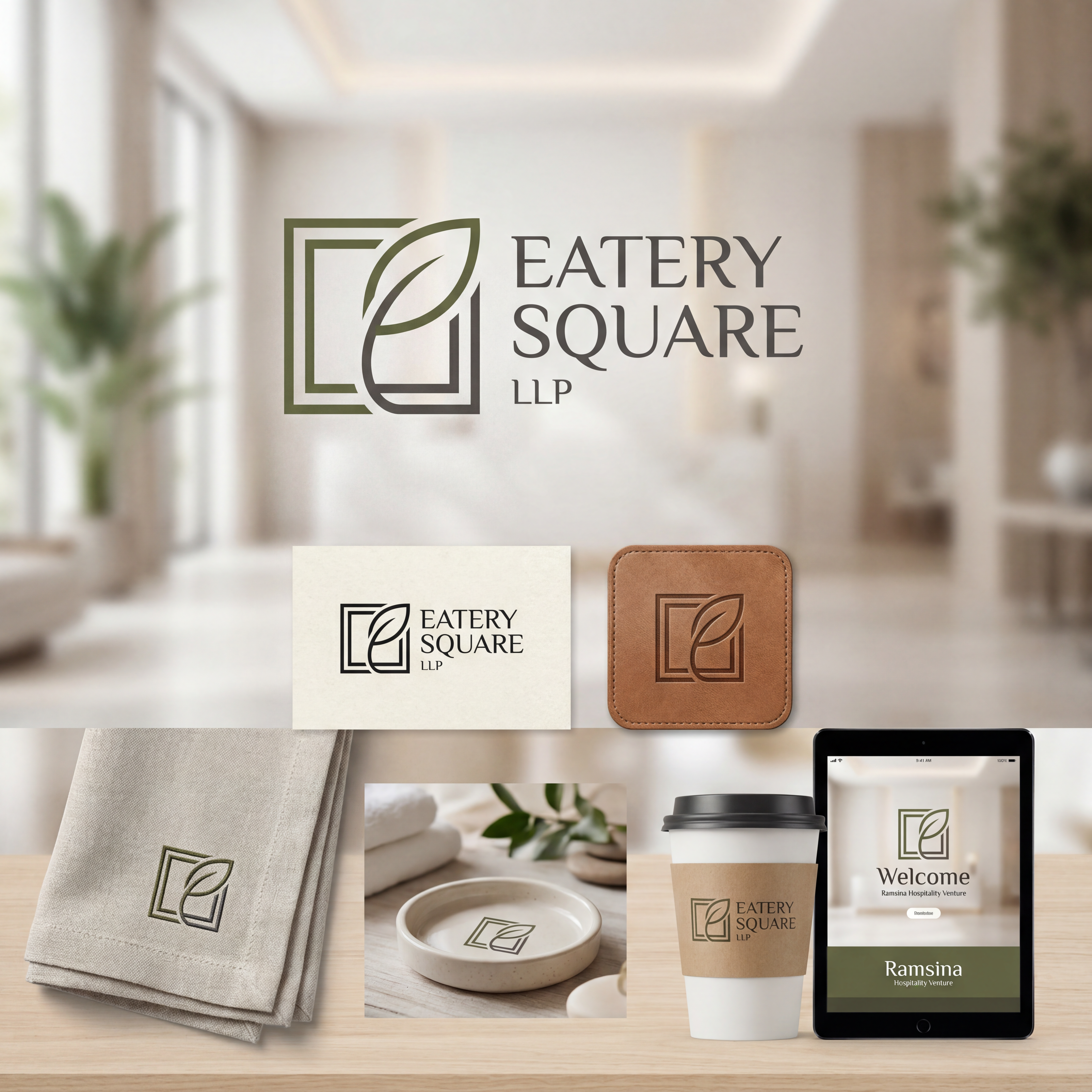 AI Design for we need a logo and brand identity for our new sister company, Eatery Square LLP.

Eatery Square LLP is a hospitality venture under Ramsina and will include hotels, food malls, spas and other hospitality experiences.

Requirement:

Minimal and sophisticated logo
Subtle incorporation/inspiration of leaf 
Should be versatile