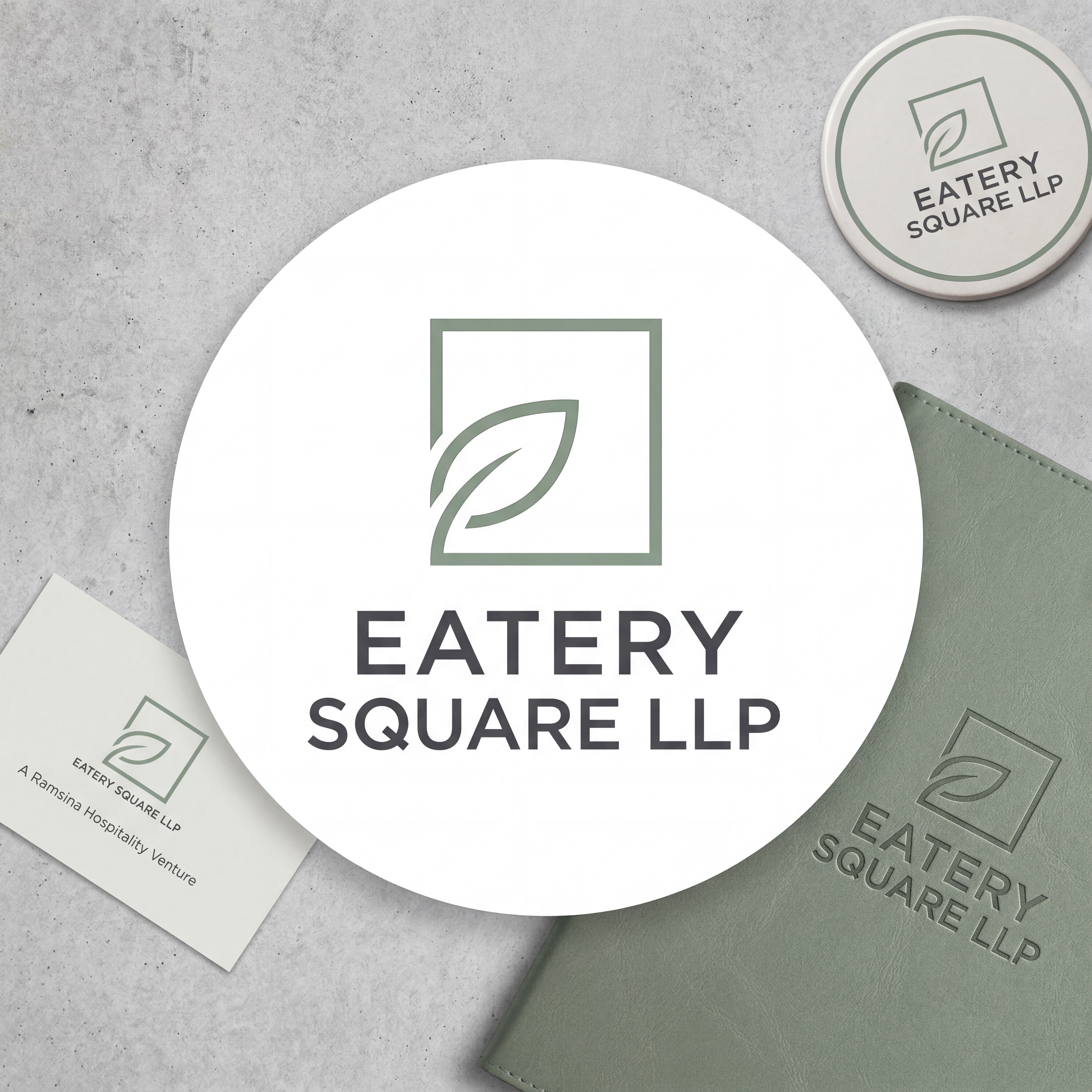AI Design for we need a logo and brand identity for our new sister company, Eatery Square LLP.

Eatery Square LLP is a hospitality venture under Ramsina and will include hotels, food malls, spas and other hospitality experiences.

Requirement:

Minimal and sophisticated logo
Subtle incorporation/inspiration of leaf 
Should be versatile