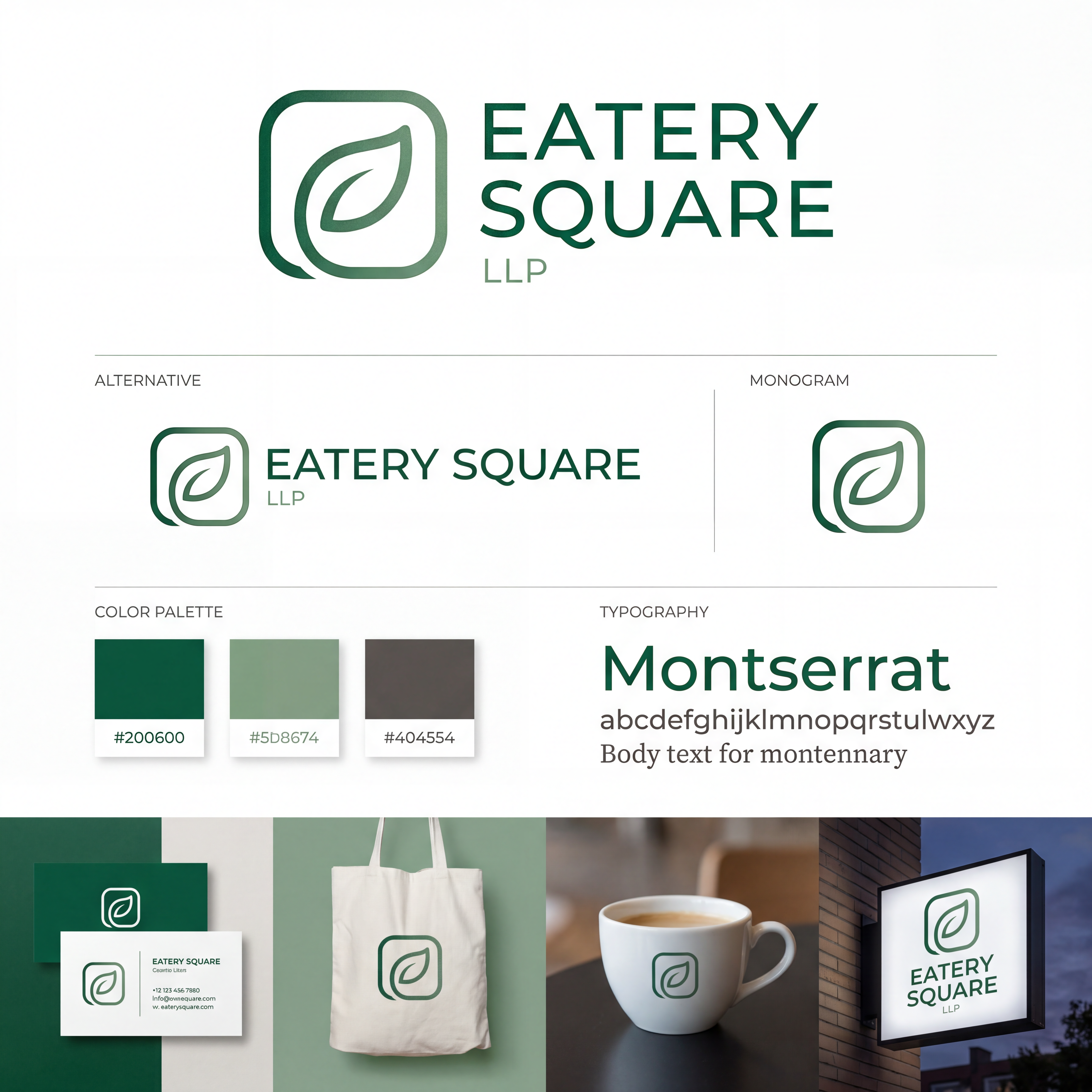 AI Design for we need a logo and brand identity for our new sister company, Eatery Square LLP.

Eatery Square LLP is a hospitality venture under Ramsina and will include hotels, food malls, spas and other hospitality experiences.

Requirement:

Minimal and sophisticated logo
Subtle incorporation/inspiration of leaf 
Should be versatile