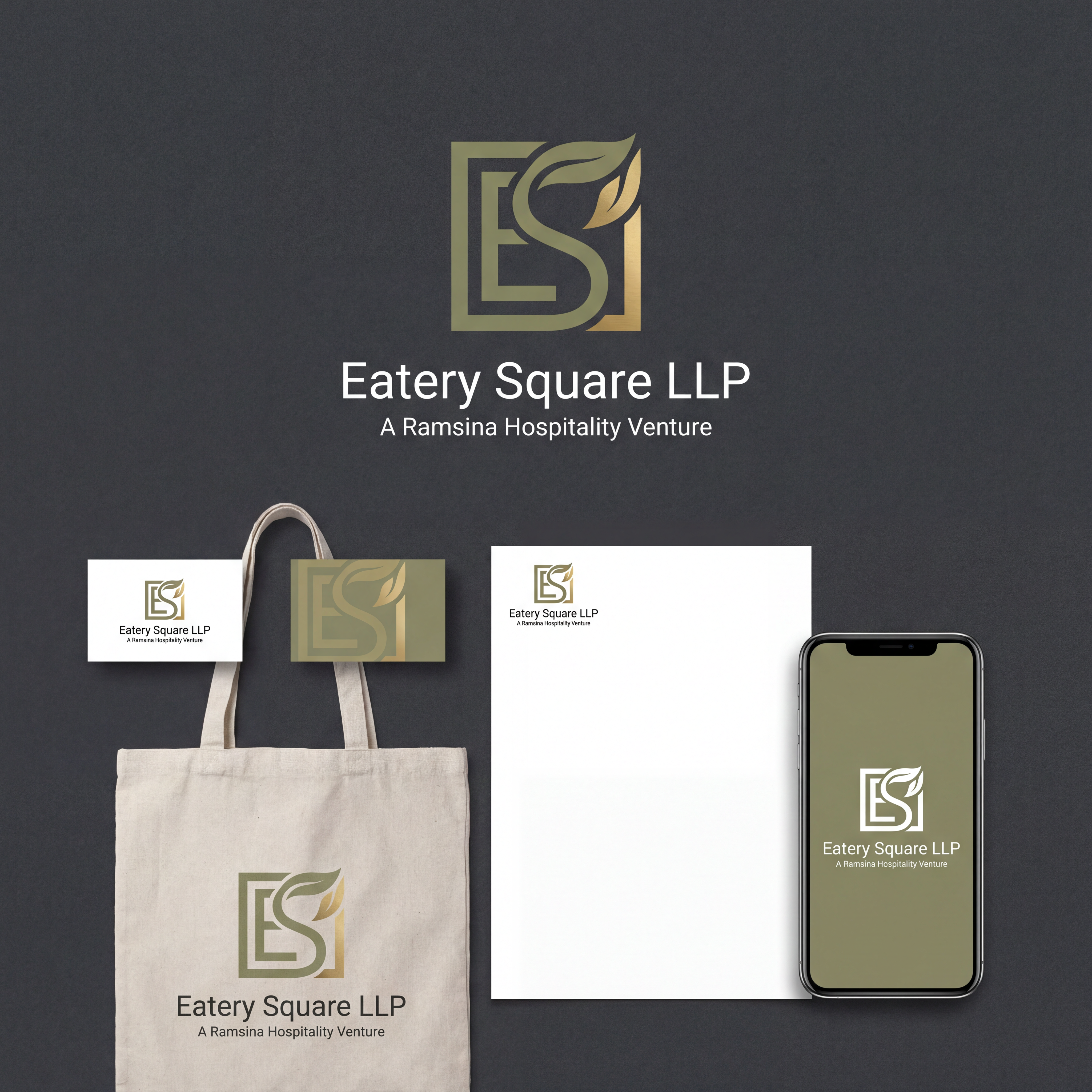 AI Design for we need a logo and brand identity for our new sister company, Eatery Square LLP.

Eatery Square LLP is a hospitality venture under Ramsina and will include hotels, food malls, spas and other hospitality experiences.

Requirement:

Minimal and sophisticated logo
Subtle incorporation/inspiration of leaf 
Should be versatile
