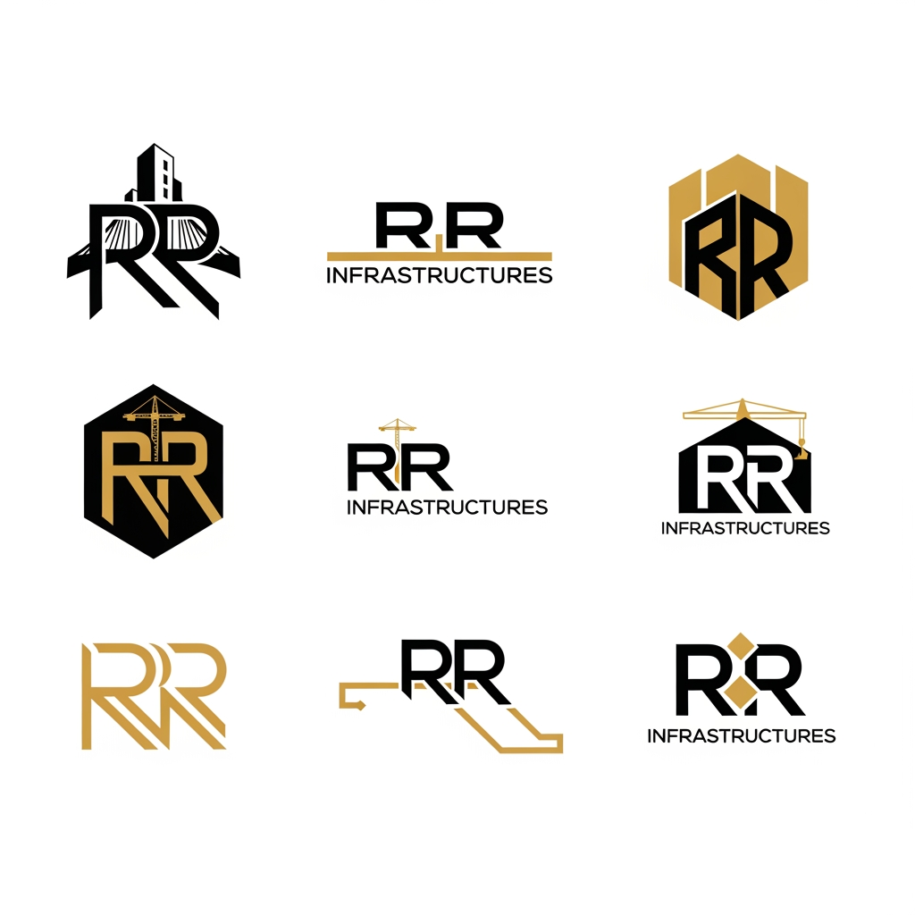 AI Design for create around 8 professional and sleek logos for a construction firm named 'RR Infrastructures'. preferred colors are: black and gold. it has to be very modern, creative, and minimalistic.