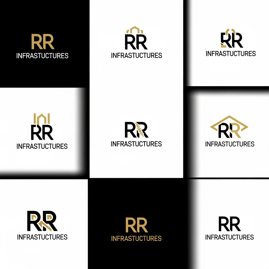 AI Design for create around 8 professional and sleek logos for a construction firm named 'RR Infrastructures'. preferred colors are: black and gold. it has to be very modern, creative, and minimalistic.
