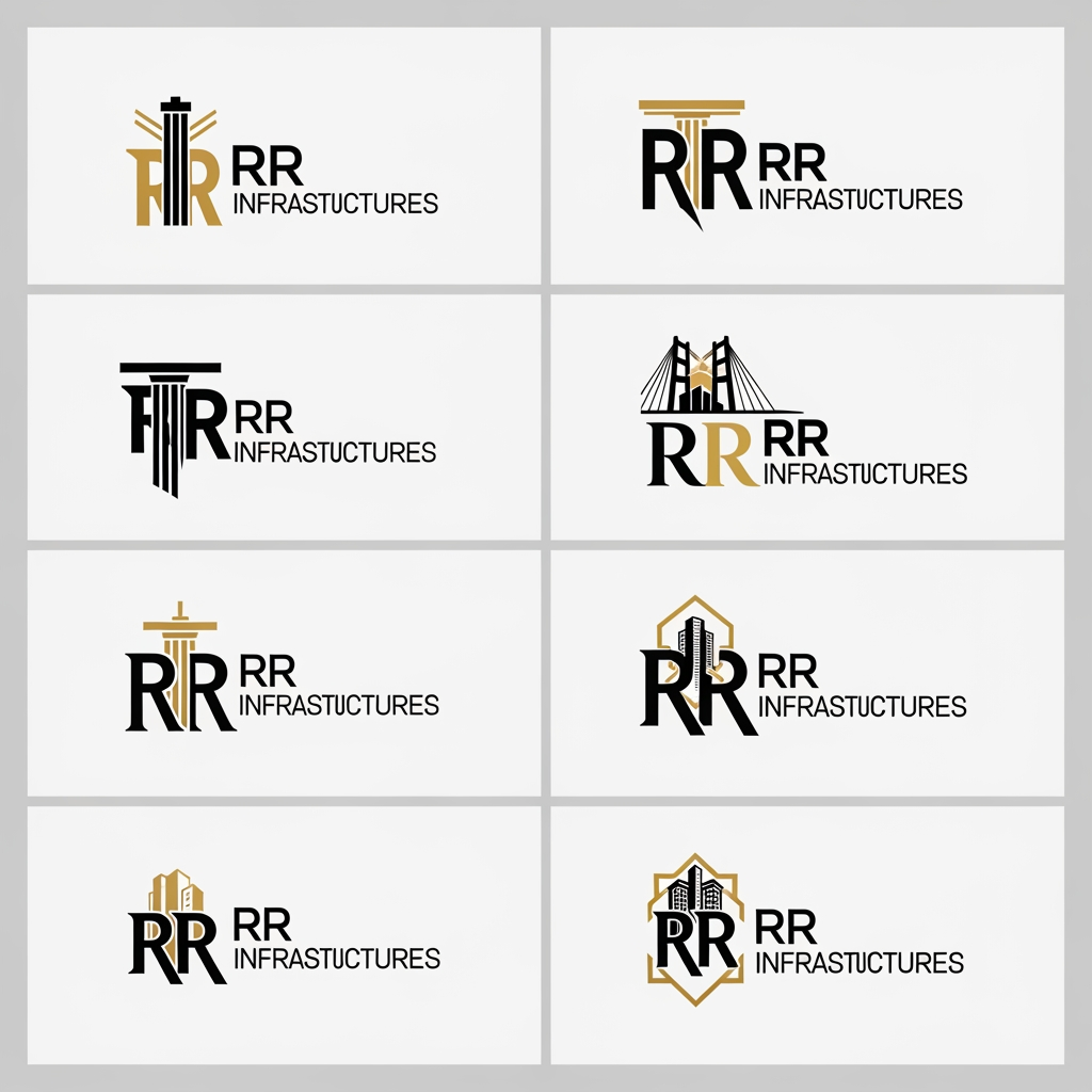 AI Design for create around 8 professional and sleek logos for a construction firm named 'RR Infrastructures'. preferred colors are: black and gold. it has to be very modern, creative, and minimalistic.